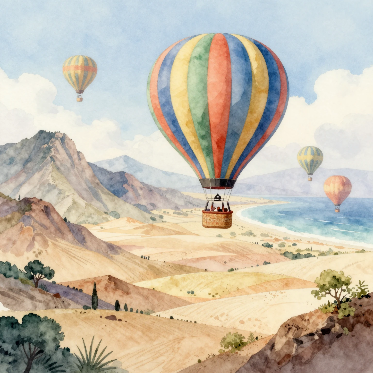 A whimsical watercolor painting of a hot air balloon floatin...