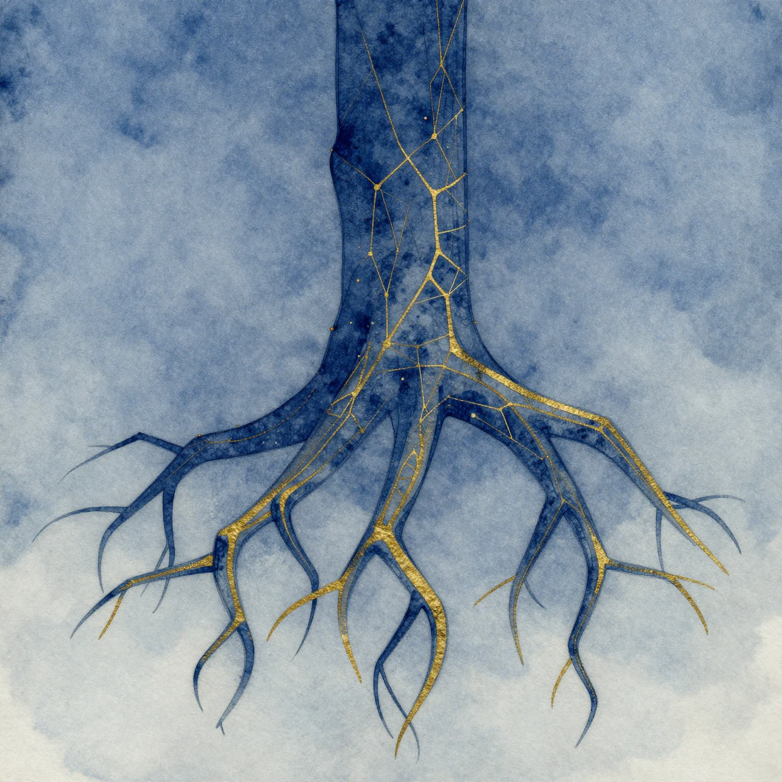 Stylized tree roots merging into a complex geometric network...