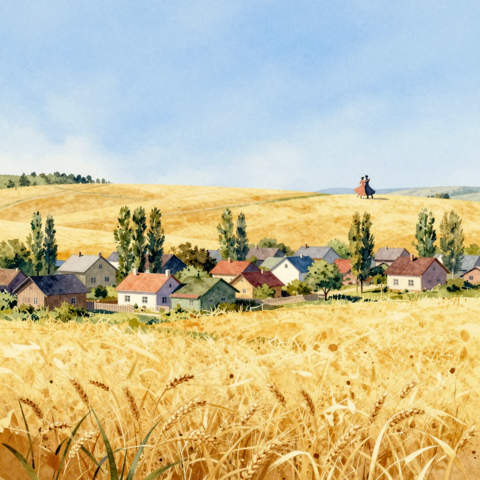 A picturesque village with small houses and poplars, surroun...