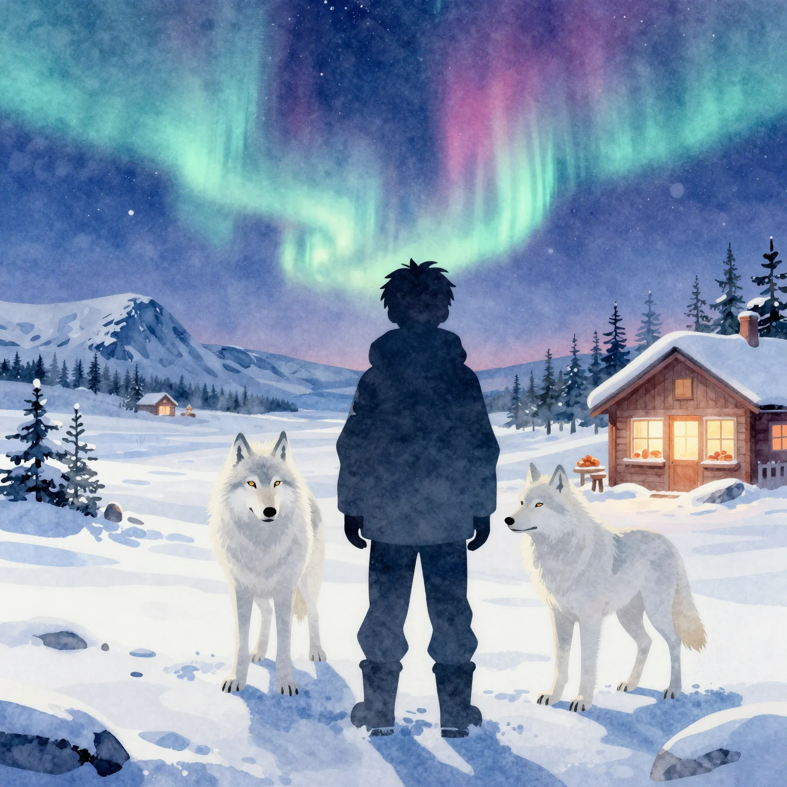 Vibrant watercolor style. A young boy's silhouette in a snow...
