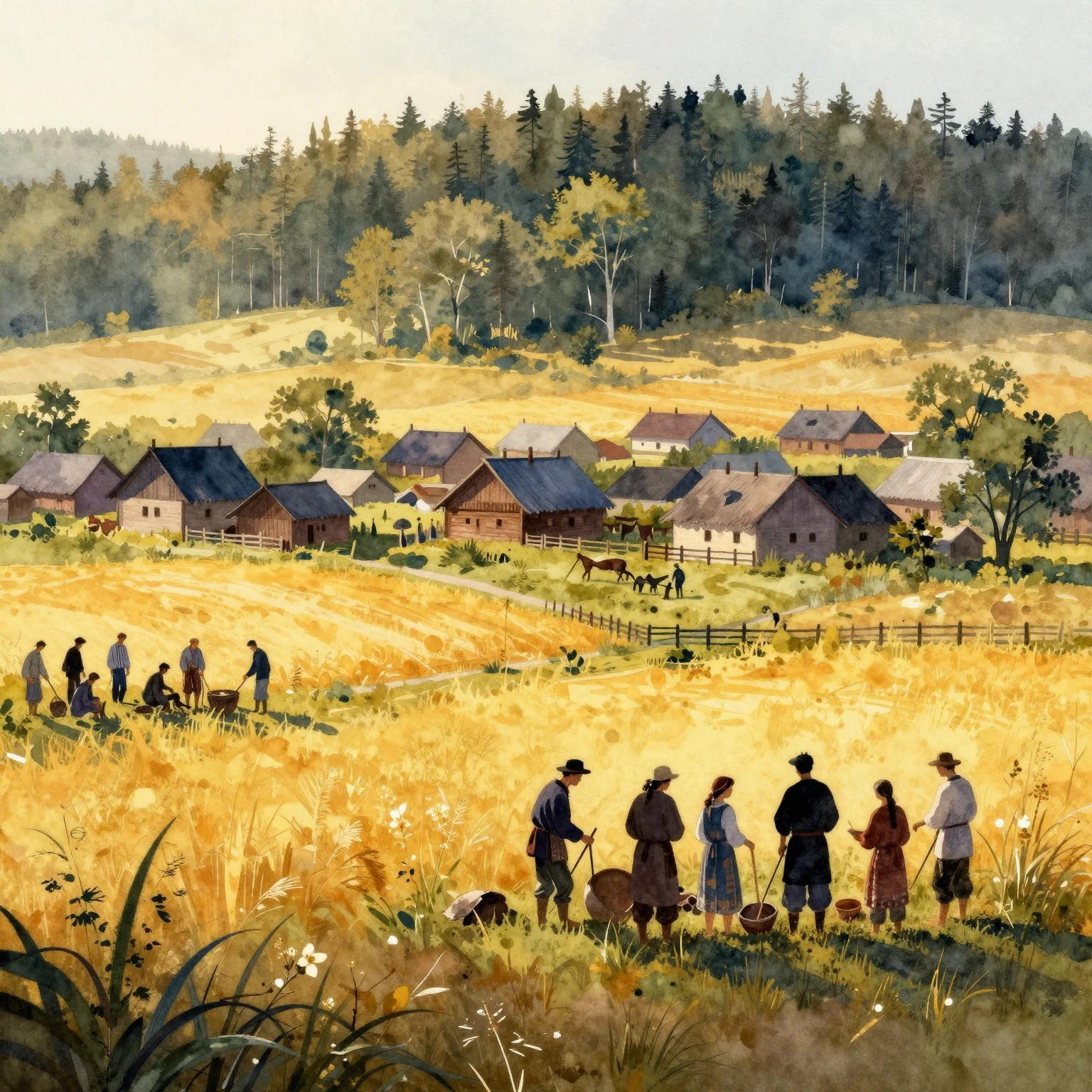 Vibrant watercolor painting of an ancient Slavic village at ...