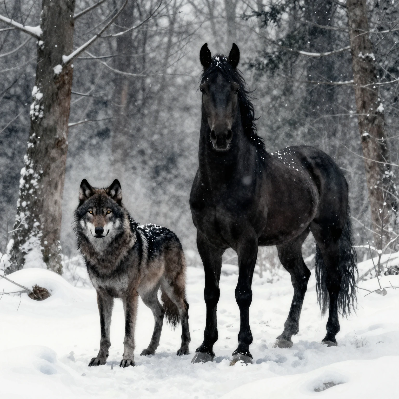 A striking silhouette of a majestic wolf and a powerful hors...