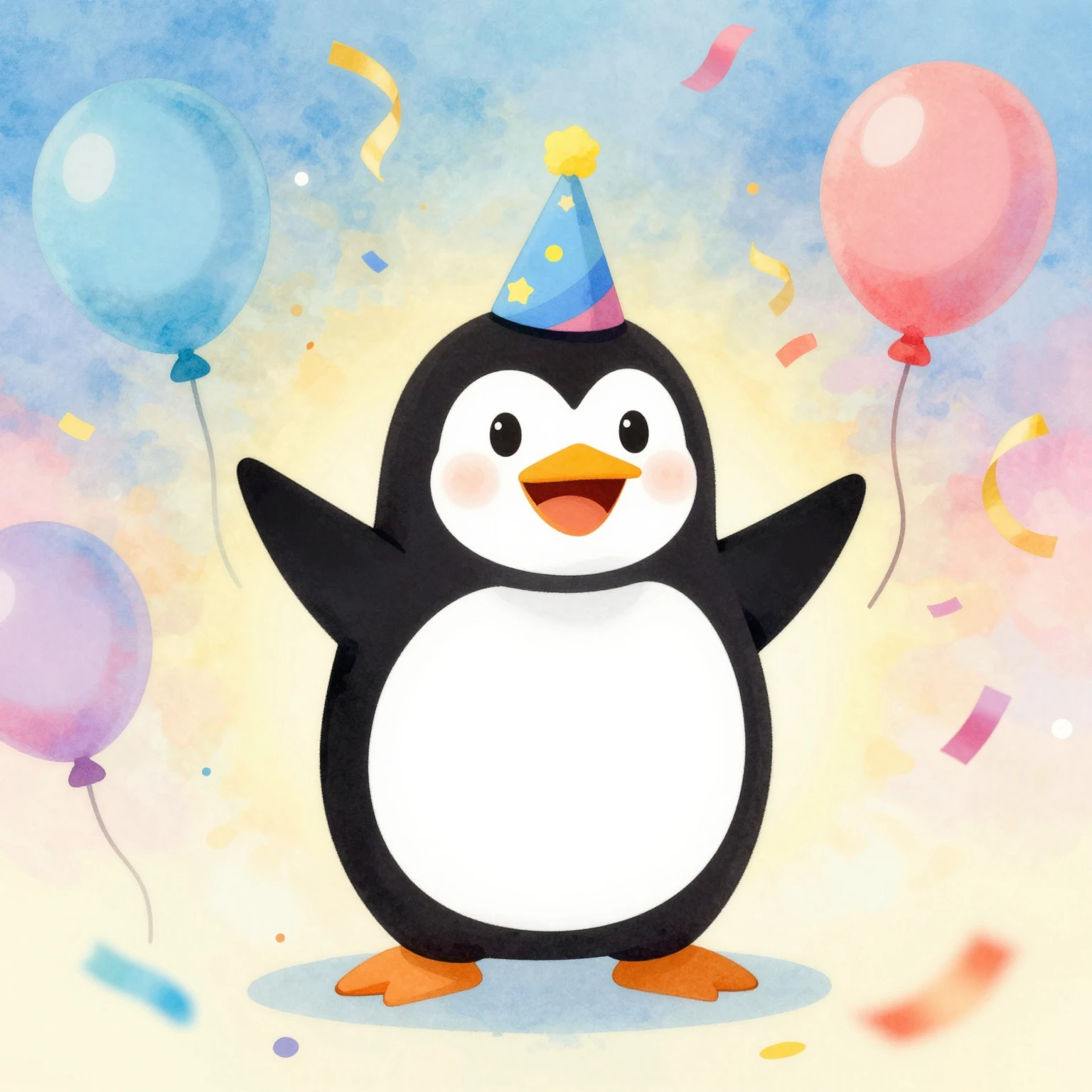 A cheerful, dancing penguin silhouette wearing a party hat, ...