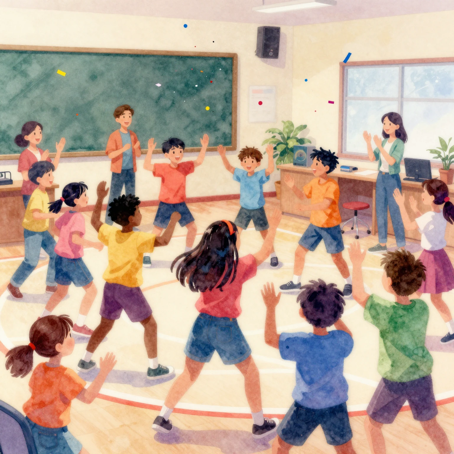 Vibrant watercolor style. Energetic school flashmob, student...