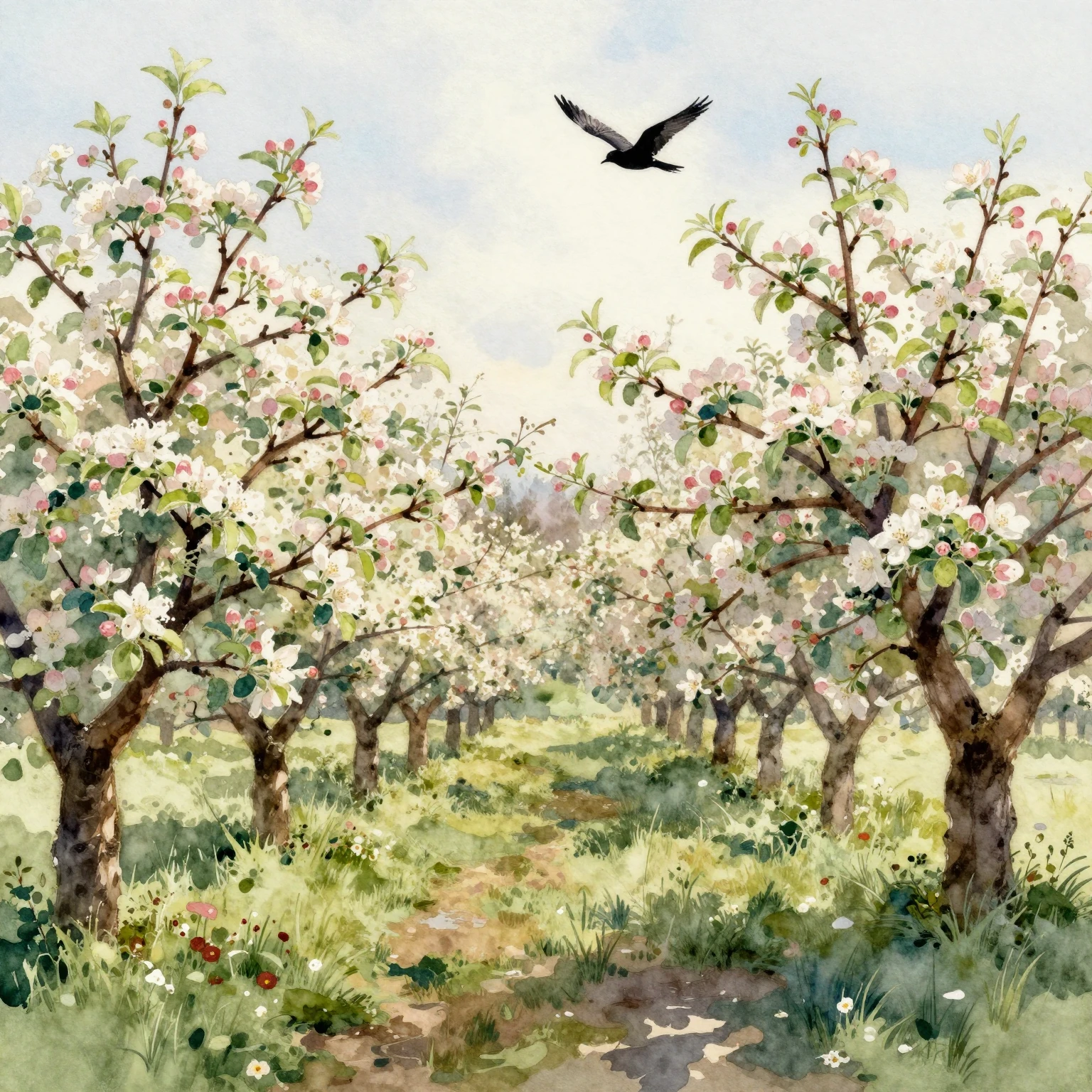 A watercolor painting of an orchard view. A blooming apple o...
