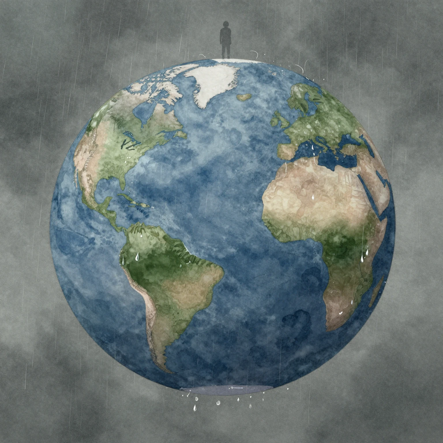 A melancholic planet Earth, shedding tears of rain, with a s...