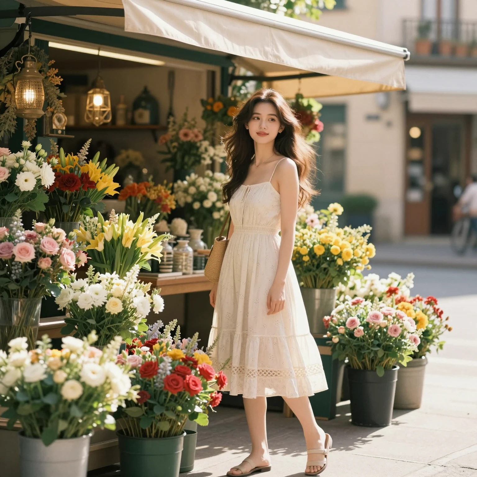 A beautiful young woman in a light summer dress standing by ...