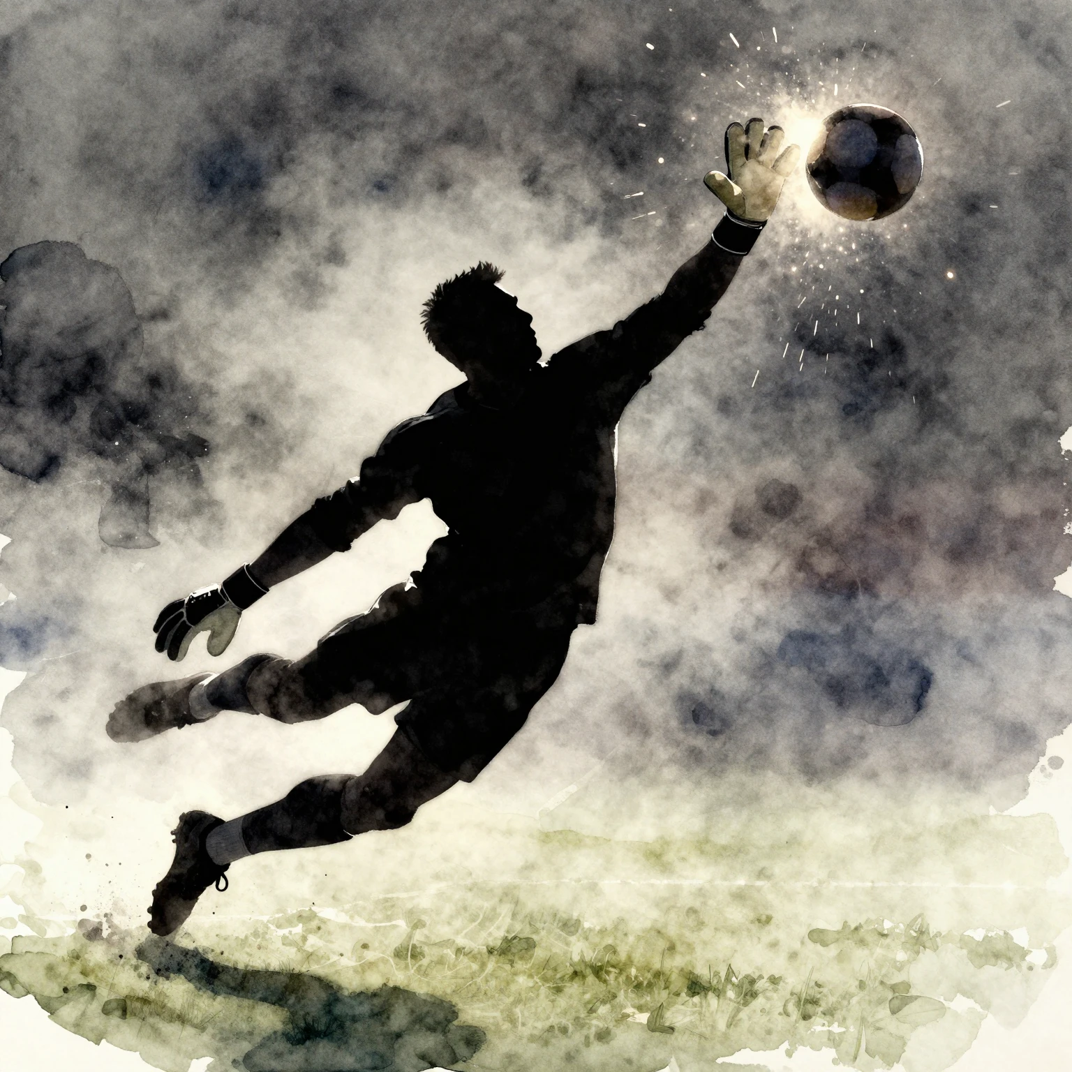 A silhouette of a goalkeeper in mid-air, making a spectacula...