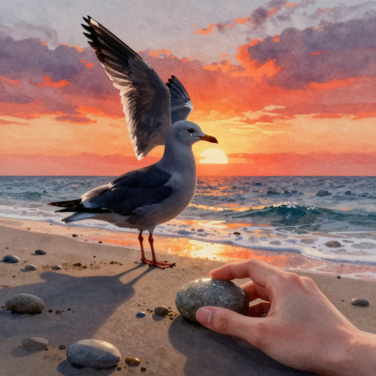 A vibrant watercolor painting of a lone seagull silhouette a...
