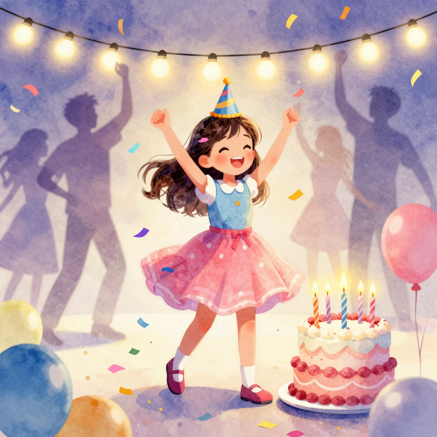 Vibrant watercolor illustration of a 10-year-old girl's birt...