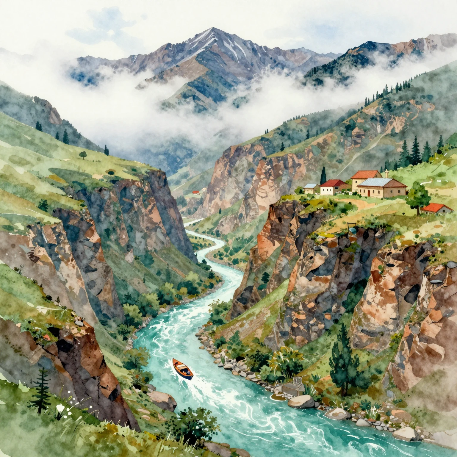 Vibrant watercolor illustration of majestic Dagestan mountai...