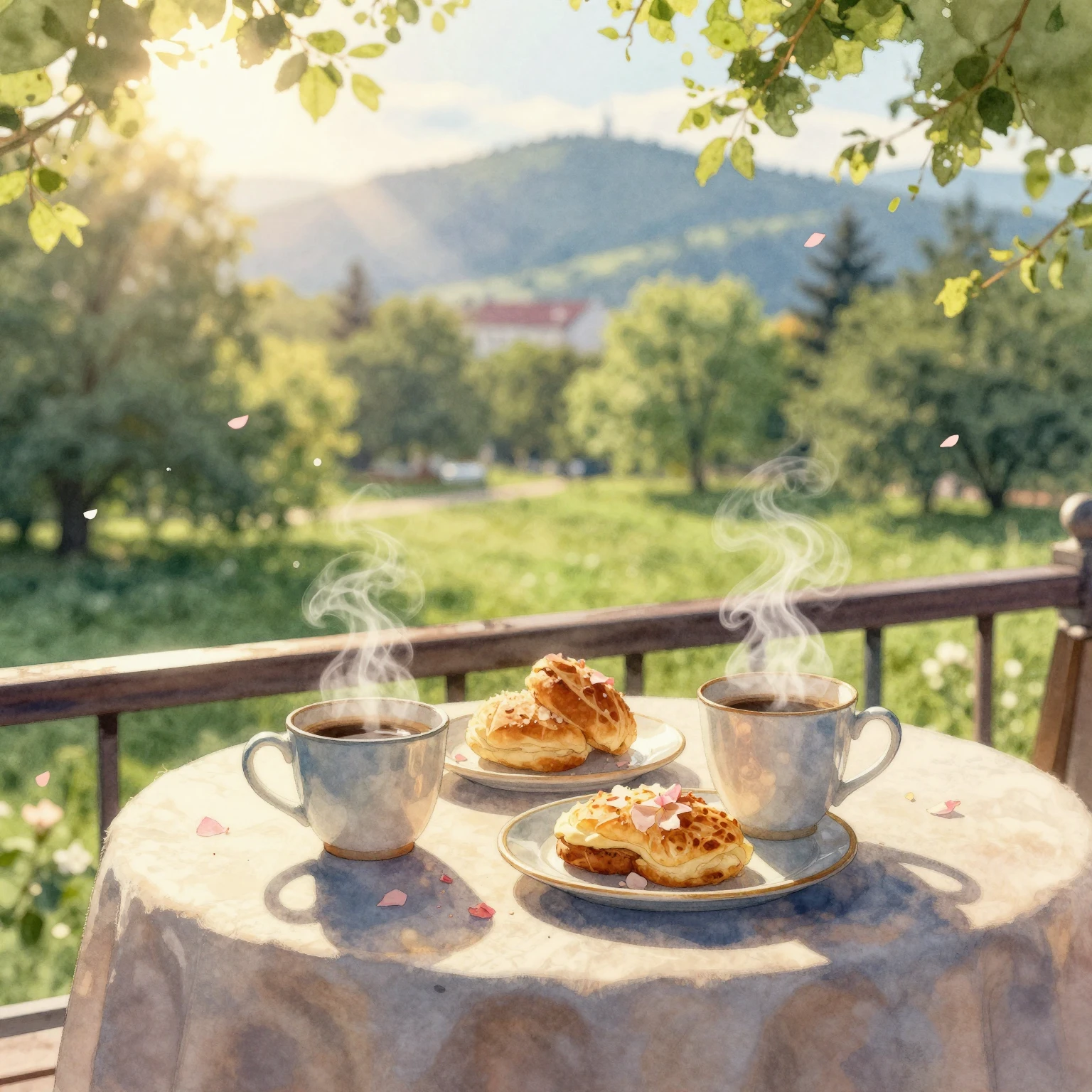 Watercolor style. Cozy breakfast on a terrace overlooking a ...