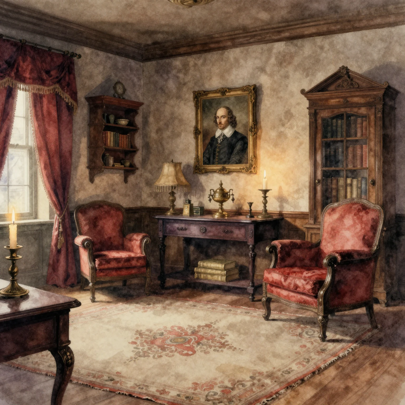 Watercolor style. A vintage room with a distinct Shakespeare...