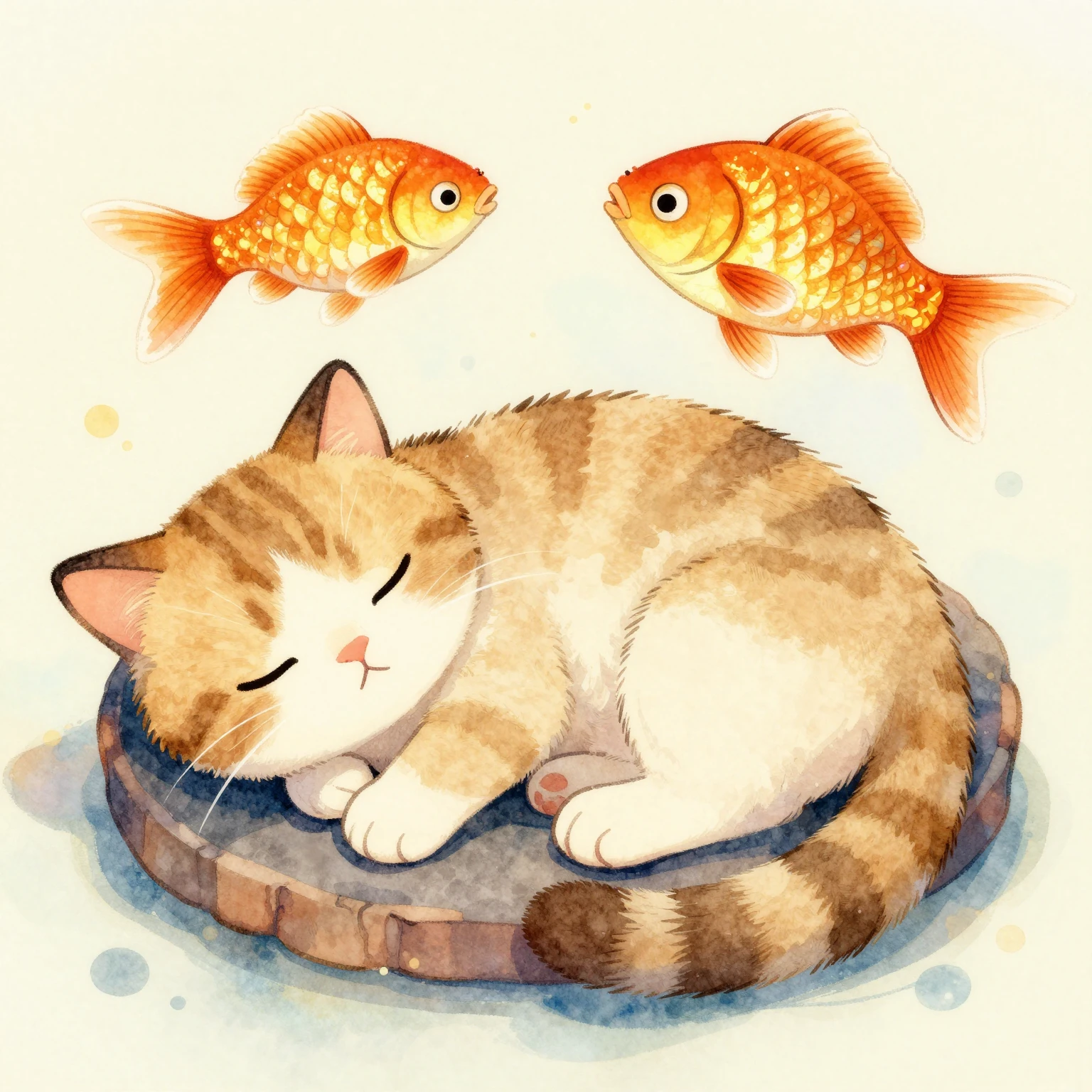 A vibrant, whimsical watercolor illustration of a sleeping c...