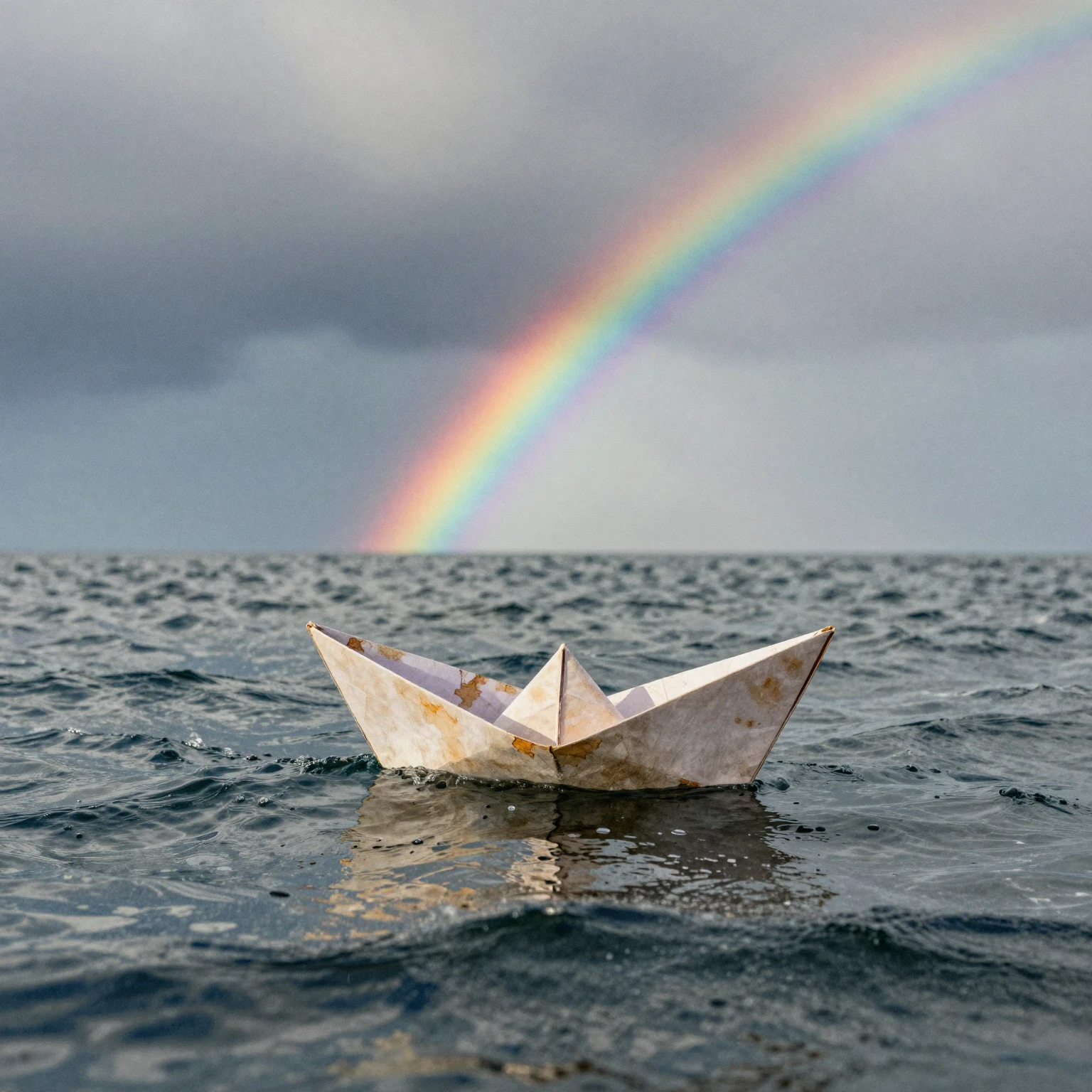 A small, fragile paper boat sailing on a vast, melancholic a...