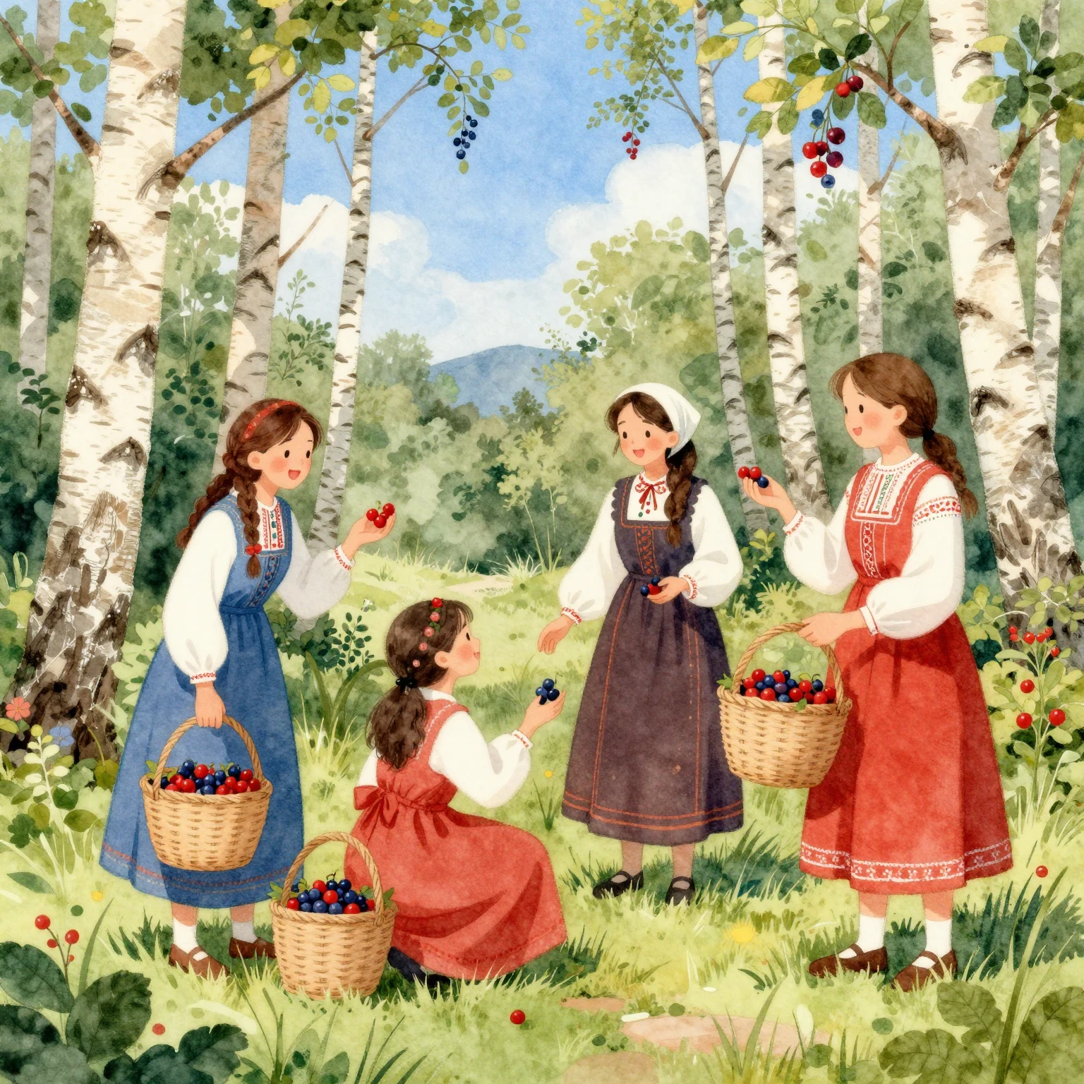 Vibrant watercolor illustration of young women in traditiona...