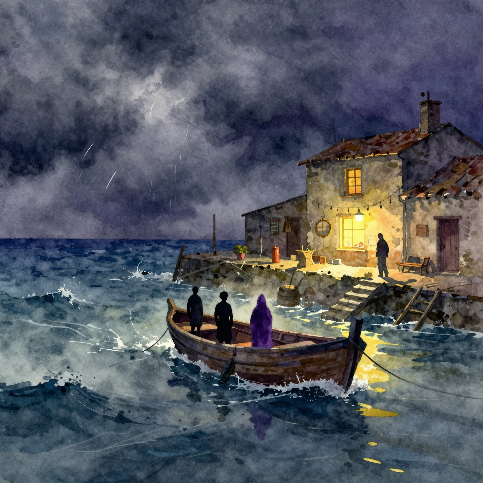 Vibrant watercolor style. A stormy sea with a small boat app...