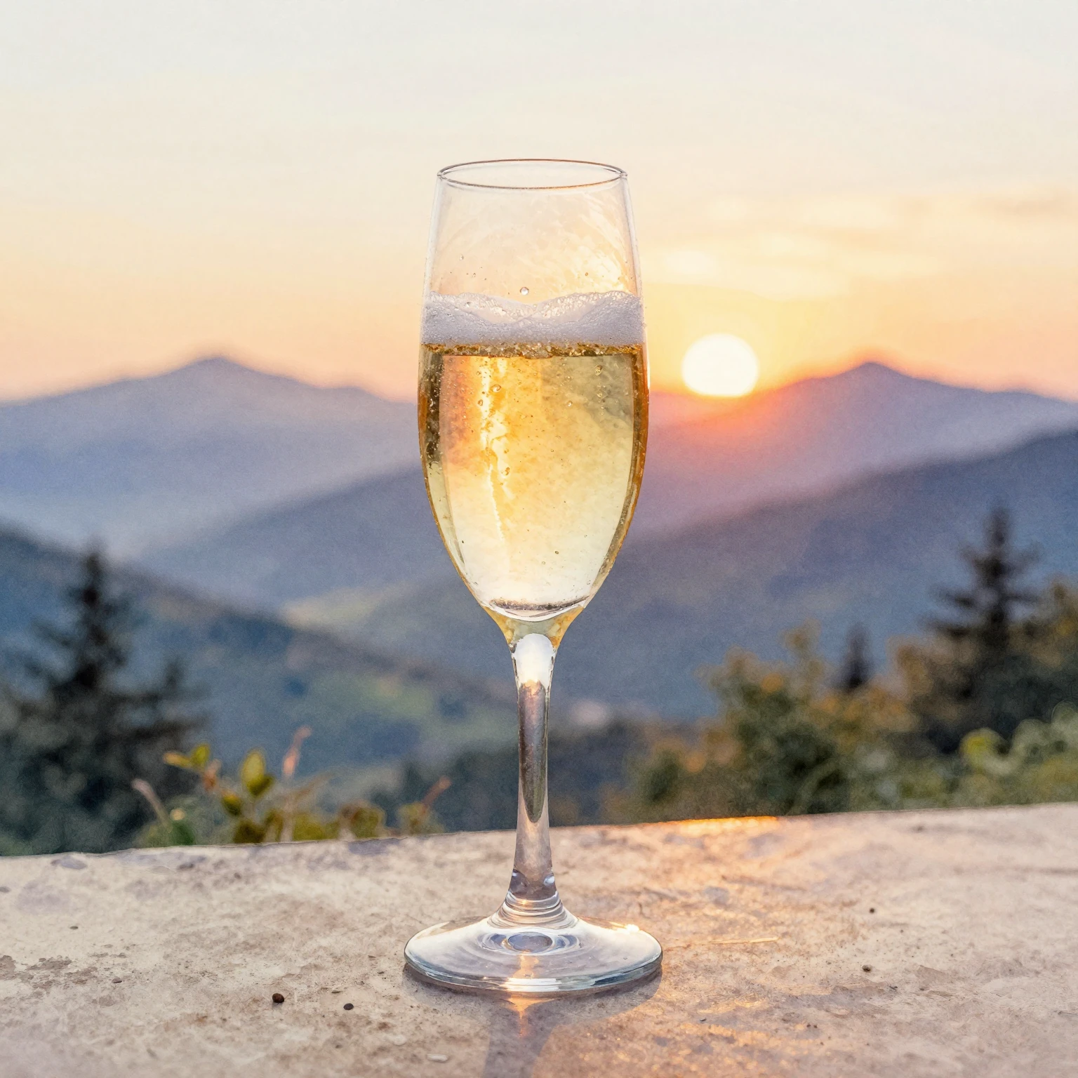 Vibrant watercolor painting featuring a glass of prosecco in...