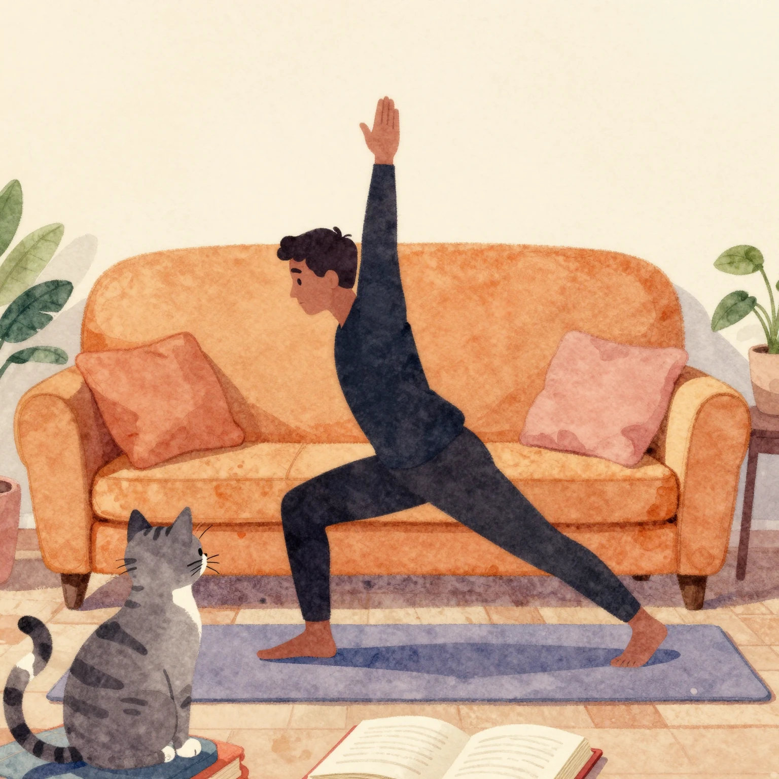 Vibrant watercolor illustration of a man's silhouette strugg...