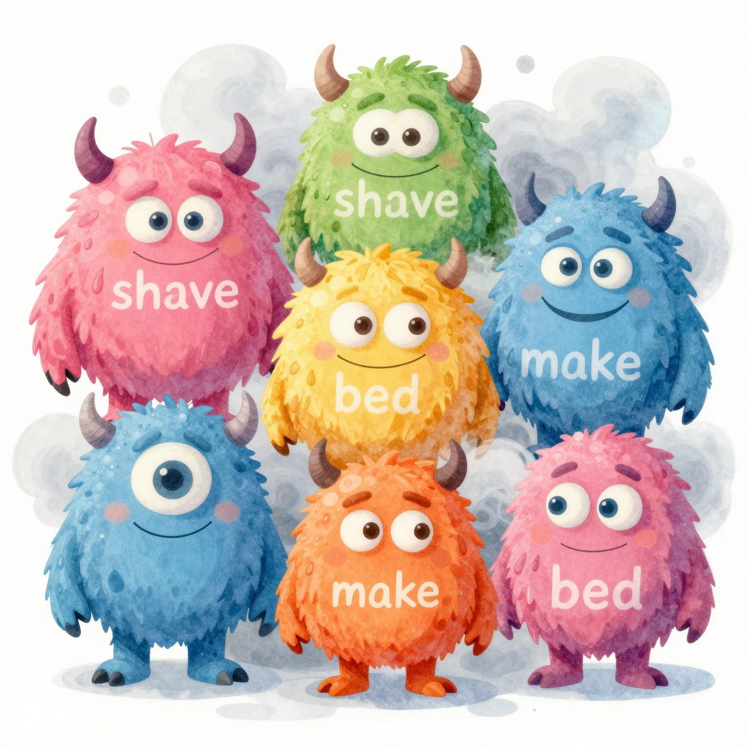 A group of playful, mischievous monster-like characters, eac...