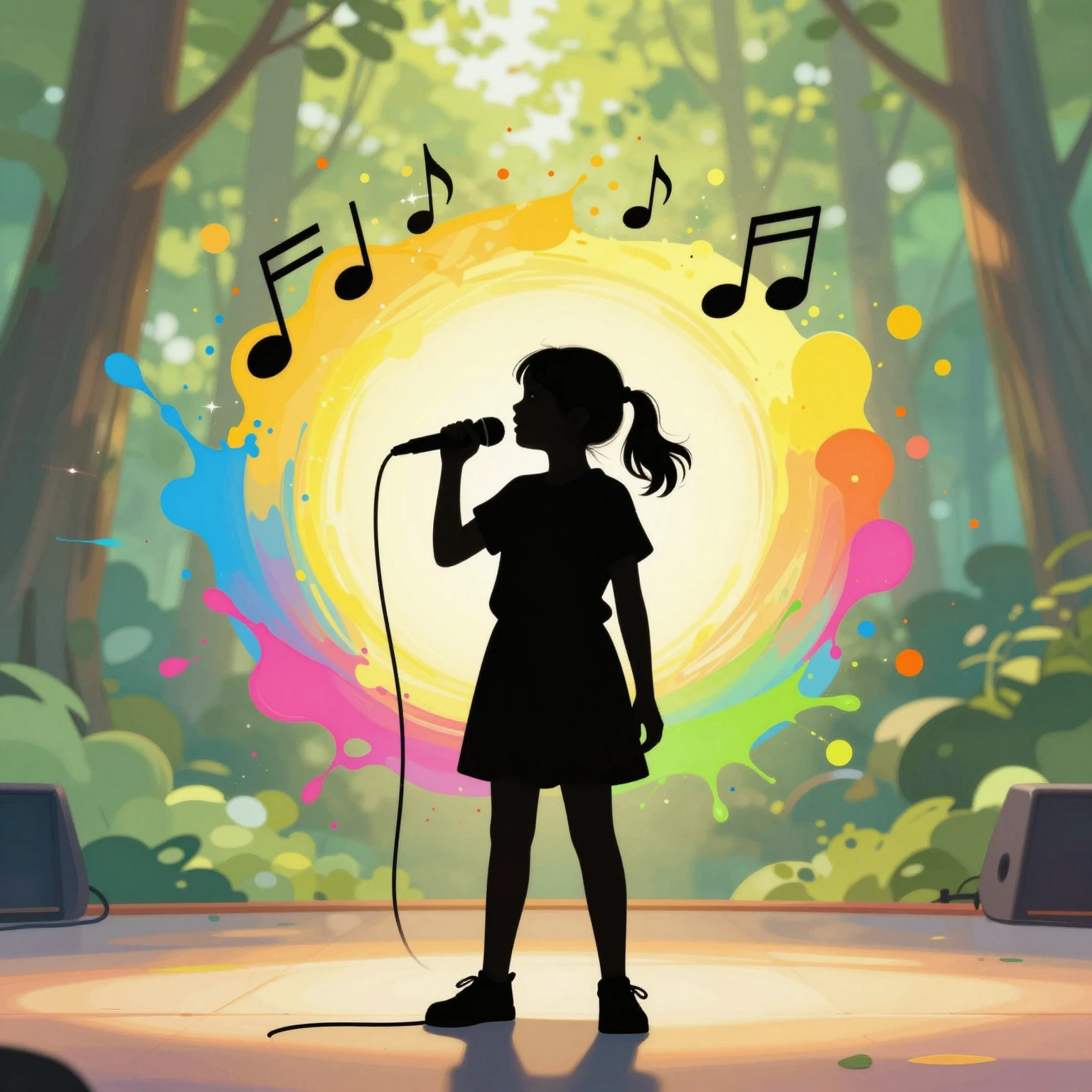 A silhouette of a small girl on a bright stage holding a mic...