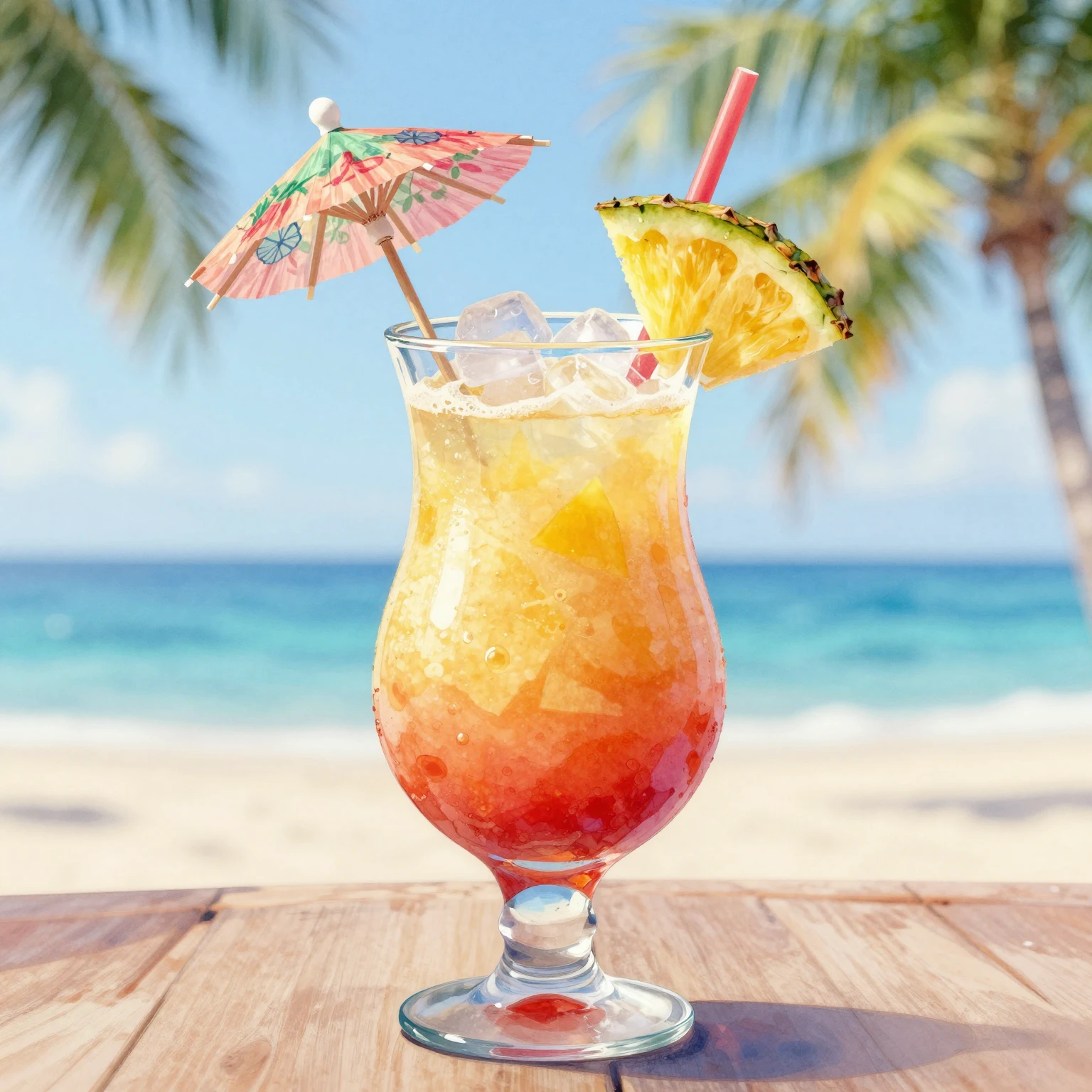Vibrant watercolor style. A close-up of a Pina Colada cockta...