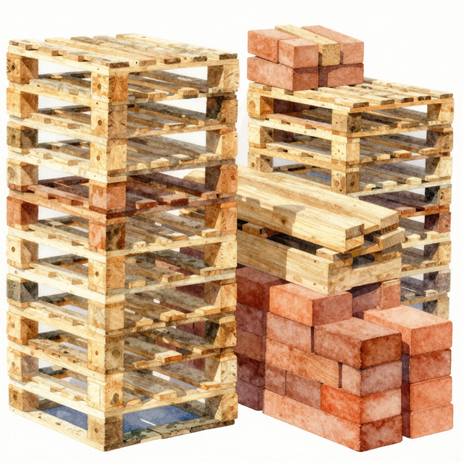 A vibrant watercolor image of various building materials lik...