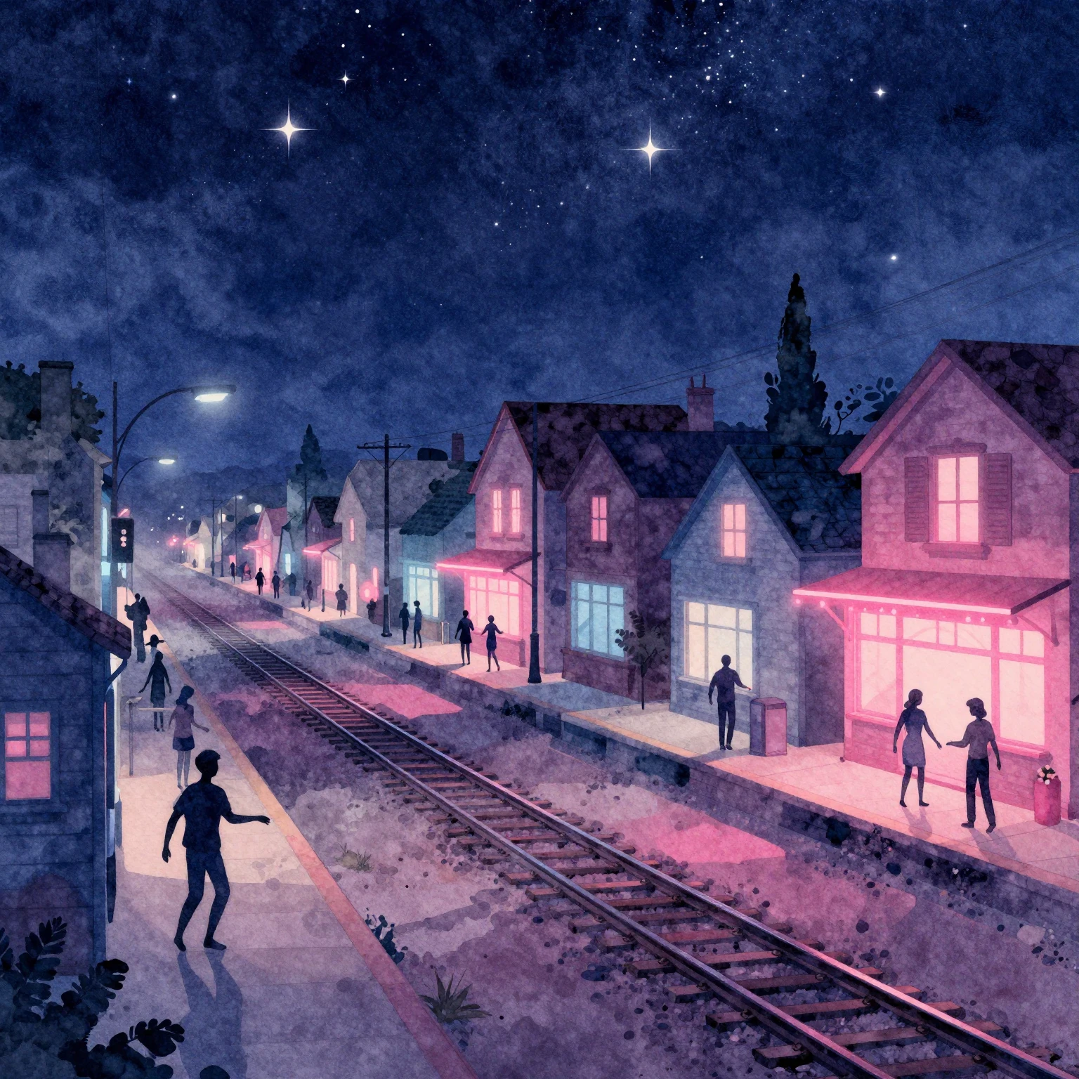A retro synthwave style watercolor illustration of a small q...