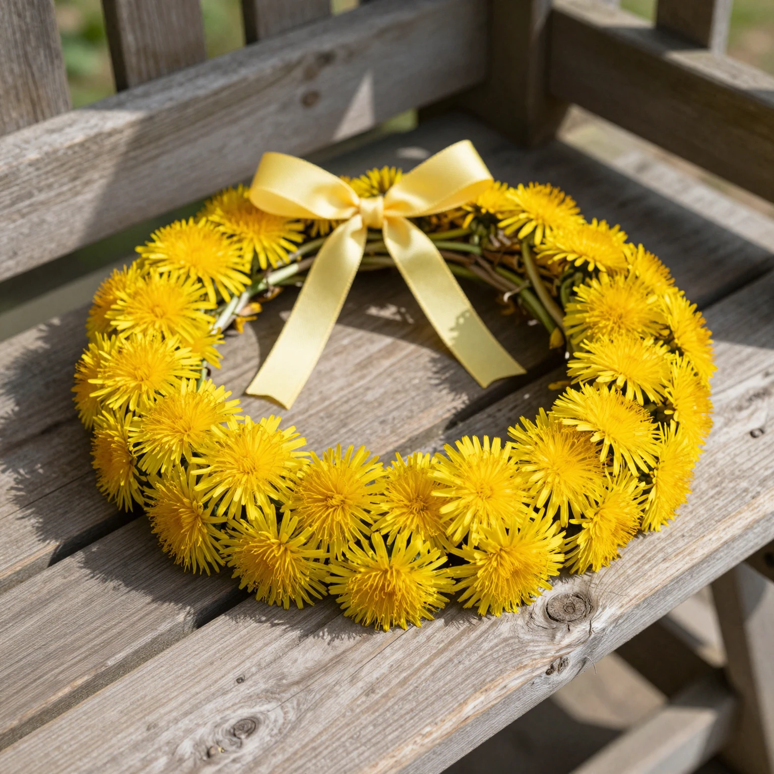 A close-up of a delicate wreath made of bright yellow dandel...