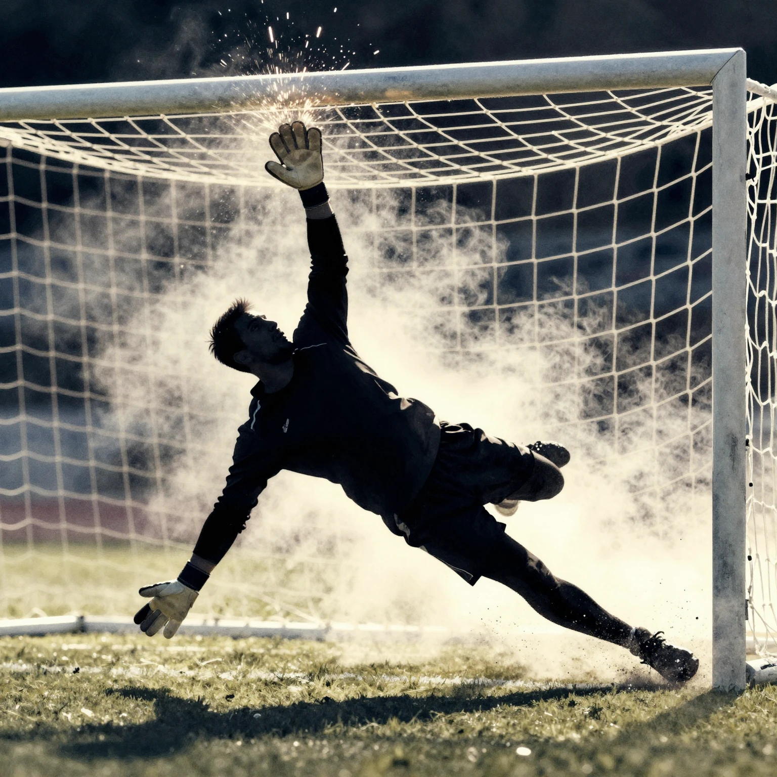 A silhouette of a goalkeeper making a diving save, rendered ...