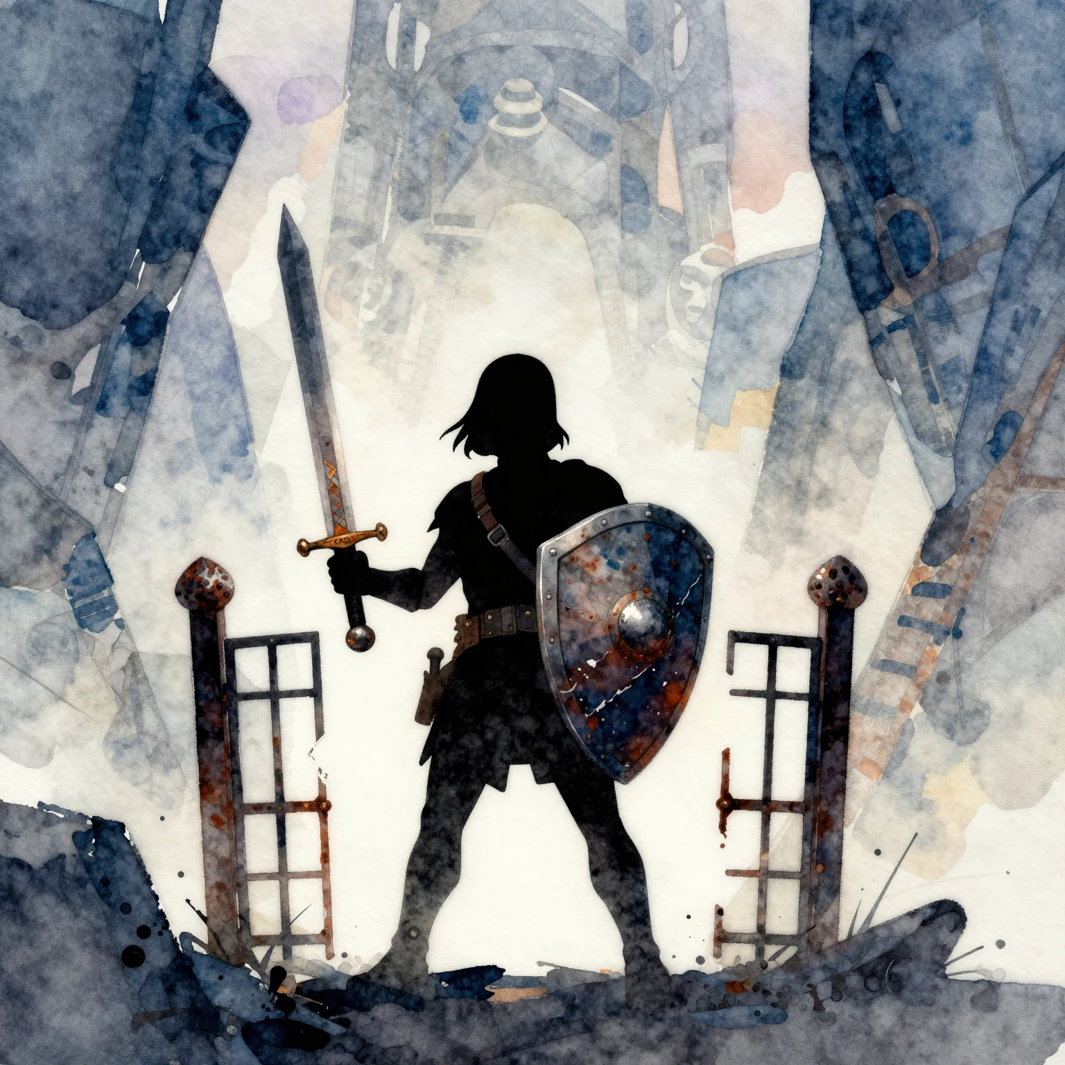 Vibrant watercolor style. A determined silhouette of a small...