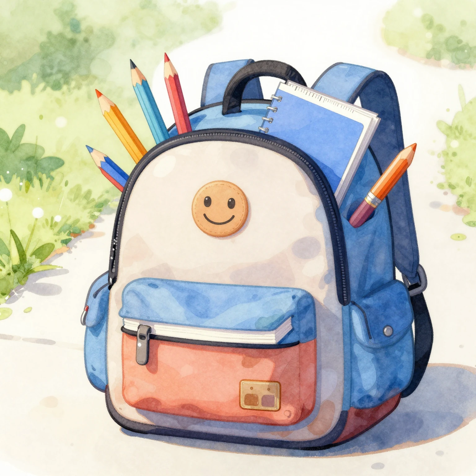 A vibrant watercolor illustration of a school backpack overf...