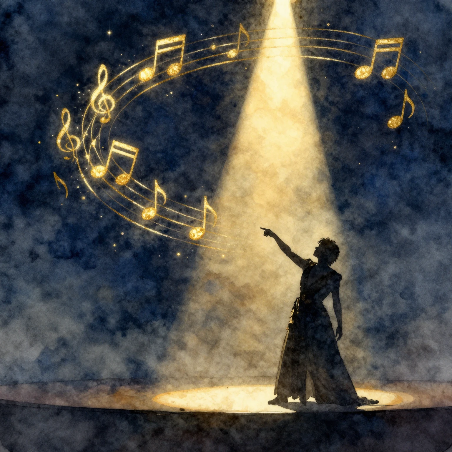 Watercolor style golden musical notes swirling like stardust...