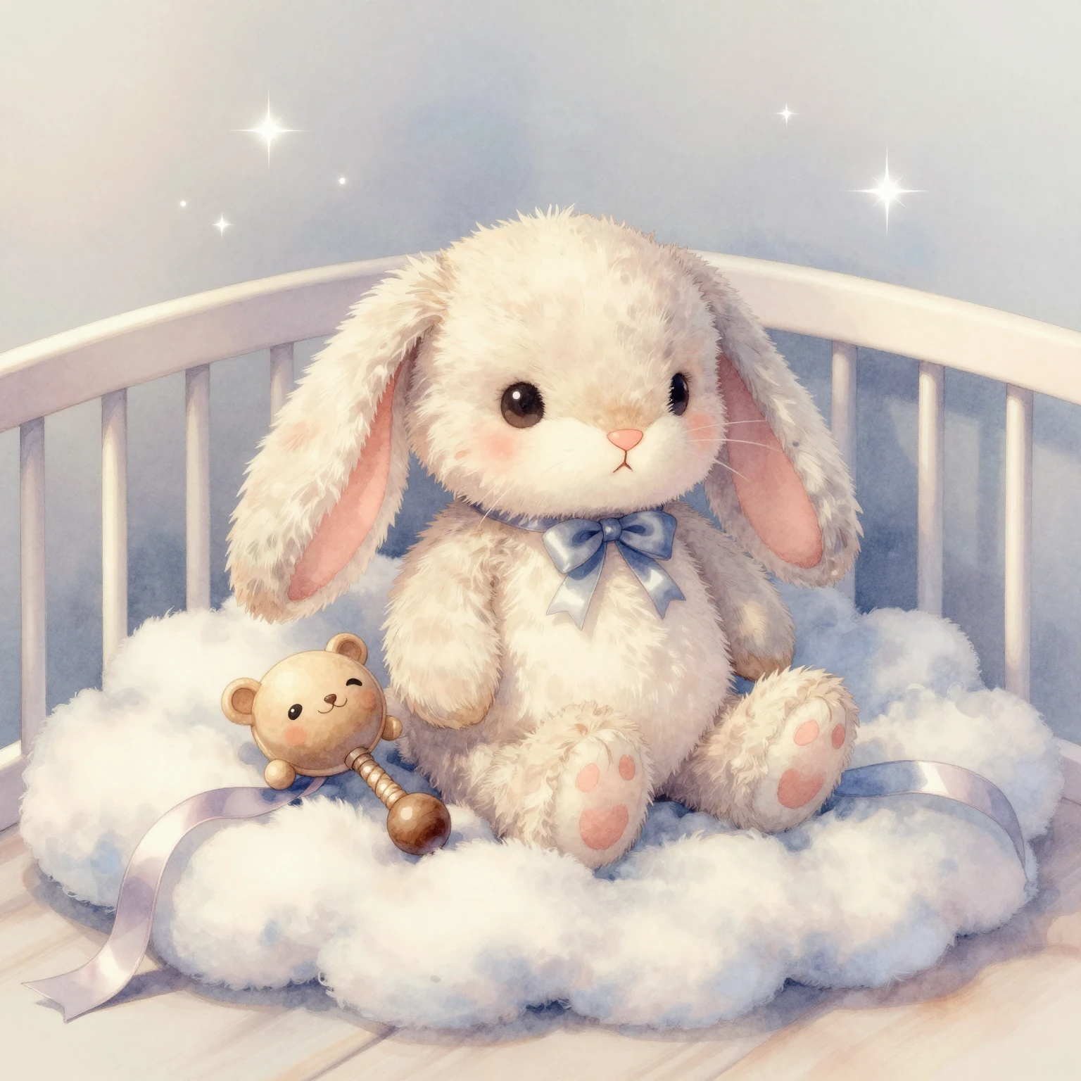 Watercolor style cute plush bunny in nursery with rattle and...