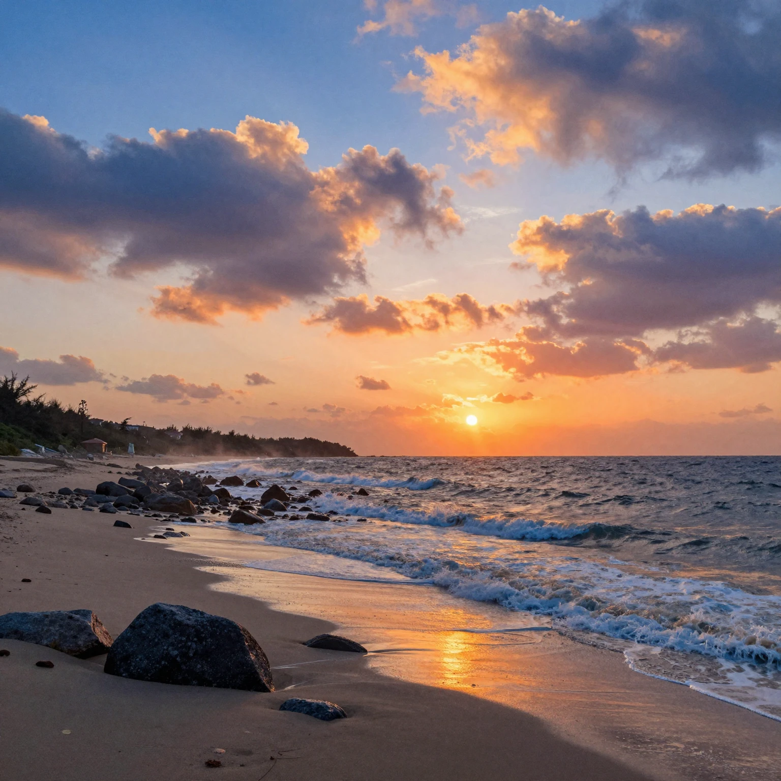 The first light of dawn breaking over a desolate coastline w...