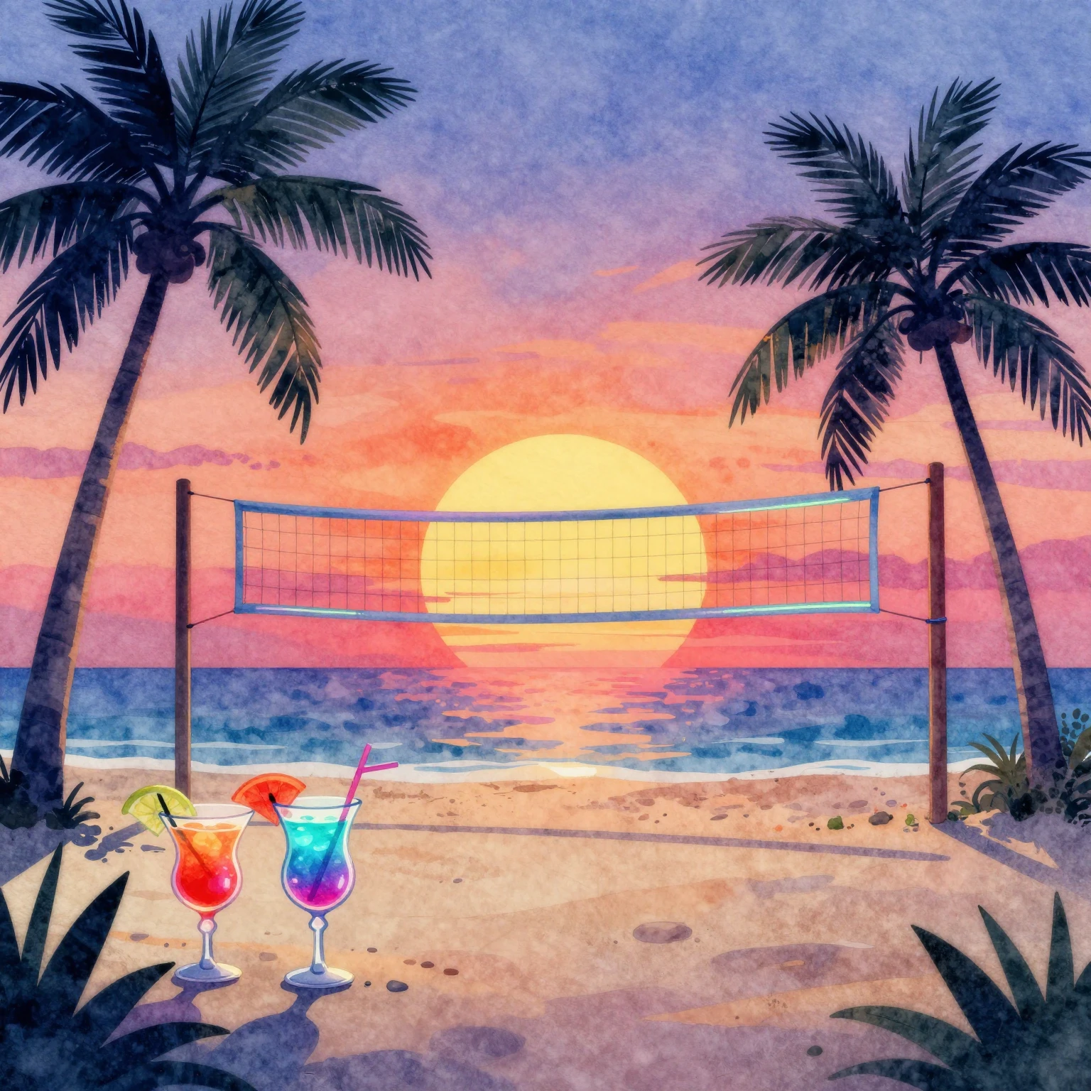 Watercolor style. Vibrant sunset on a tropical beach, silhou...