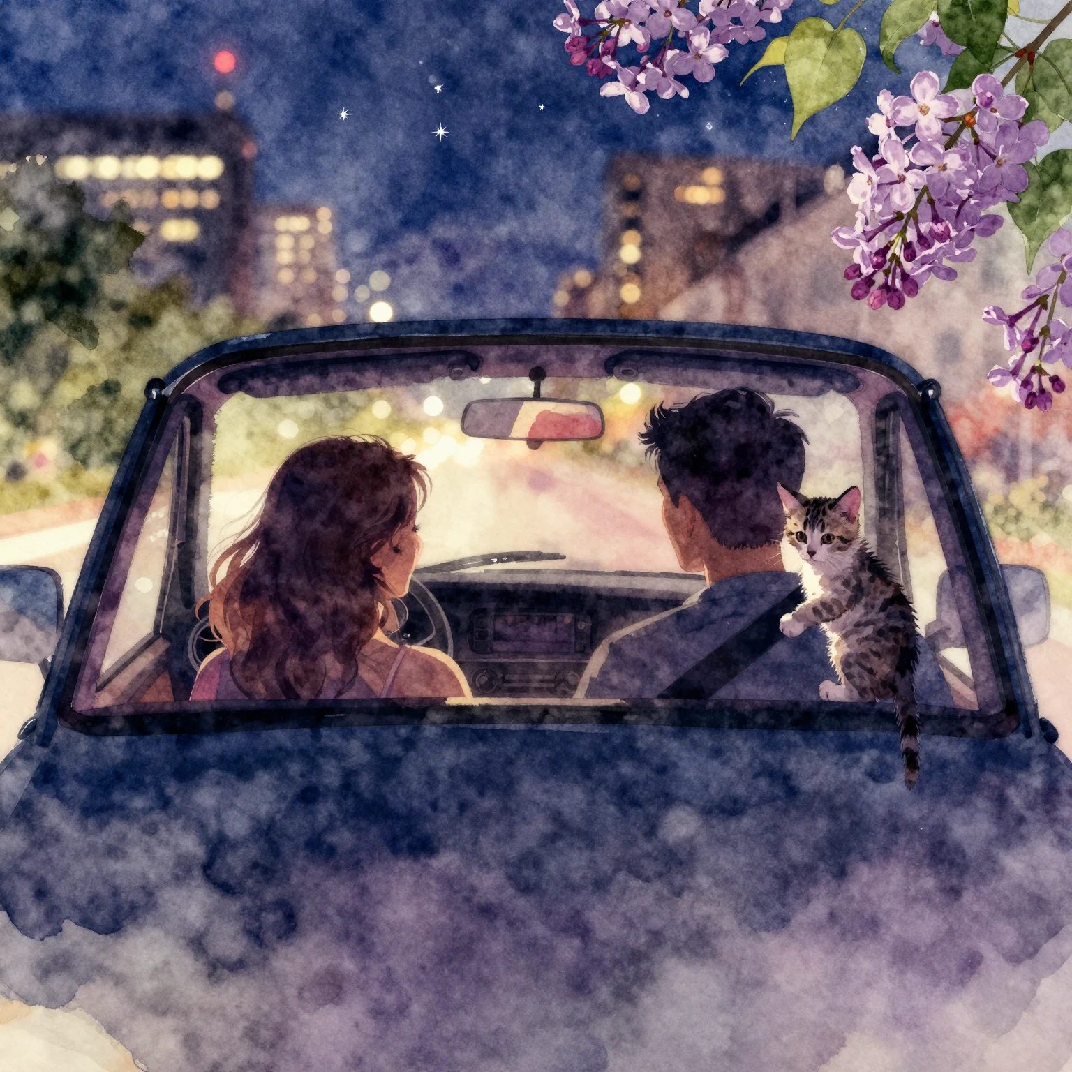 Vibrant watercolor style. Night drive, silhouette of a coupl...