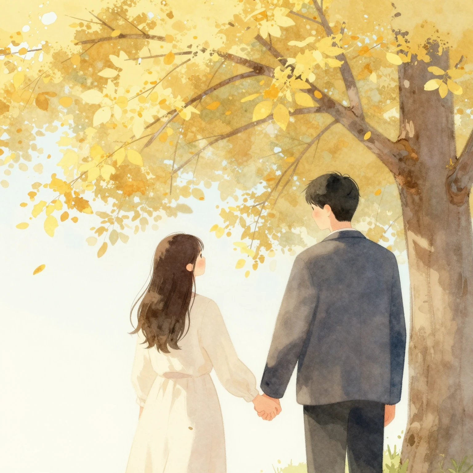 A watercolor illustration of a couple holding hands under a ...