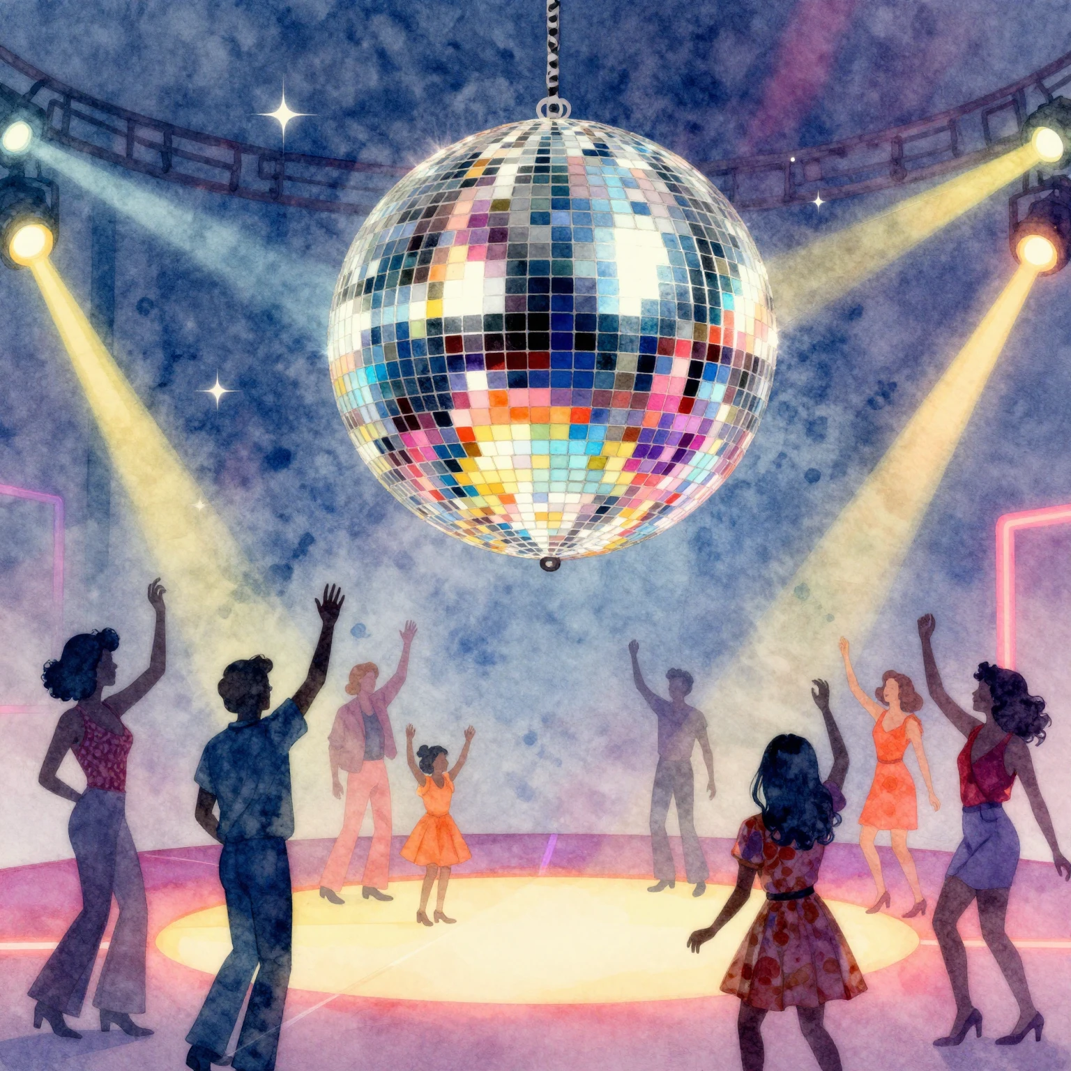 Watercolor illustration of a vibrant disco ball hanging over...