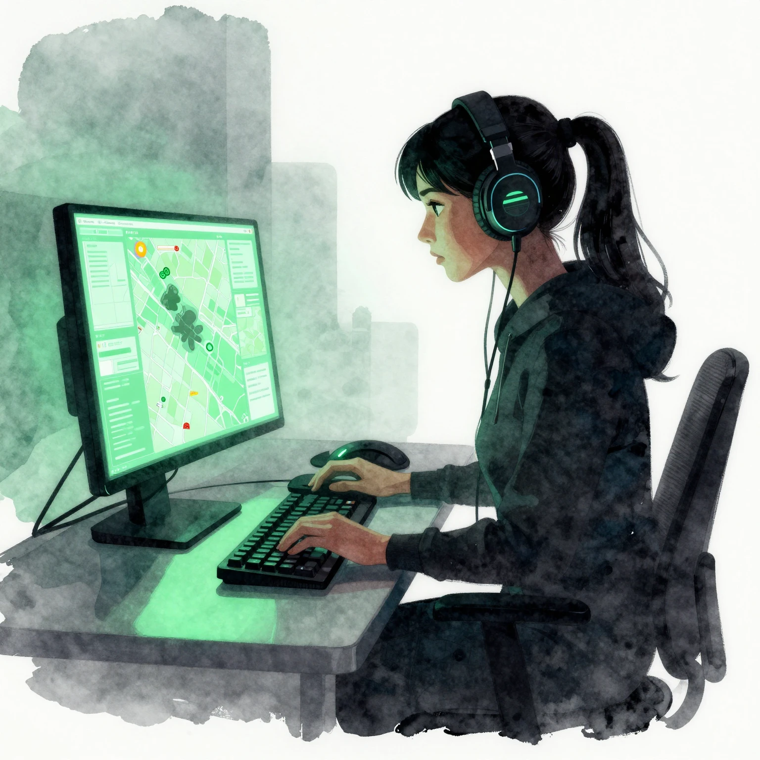 A watercolor illustration of a dark silhouette of a woman we...