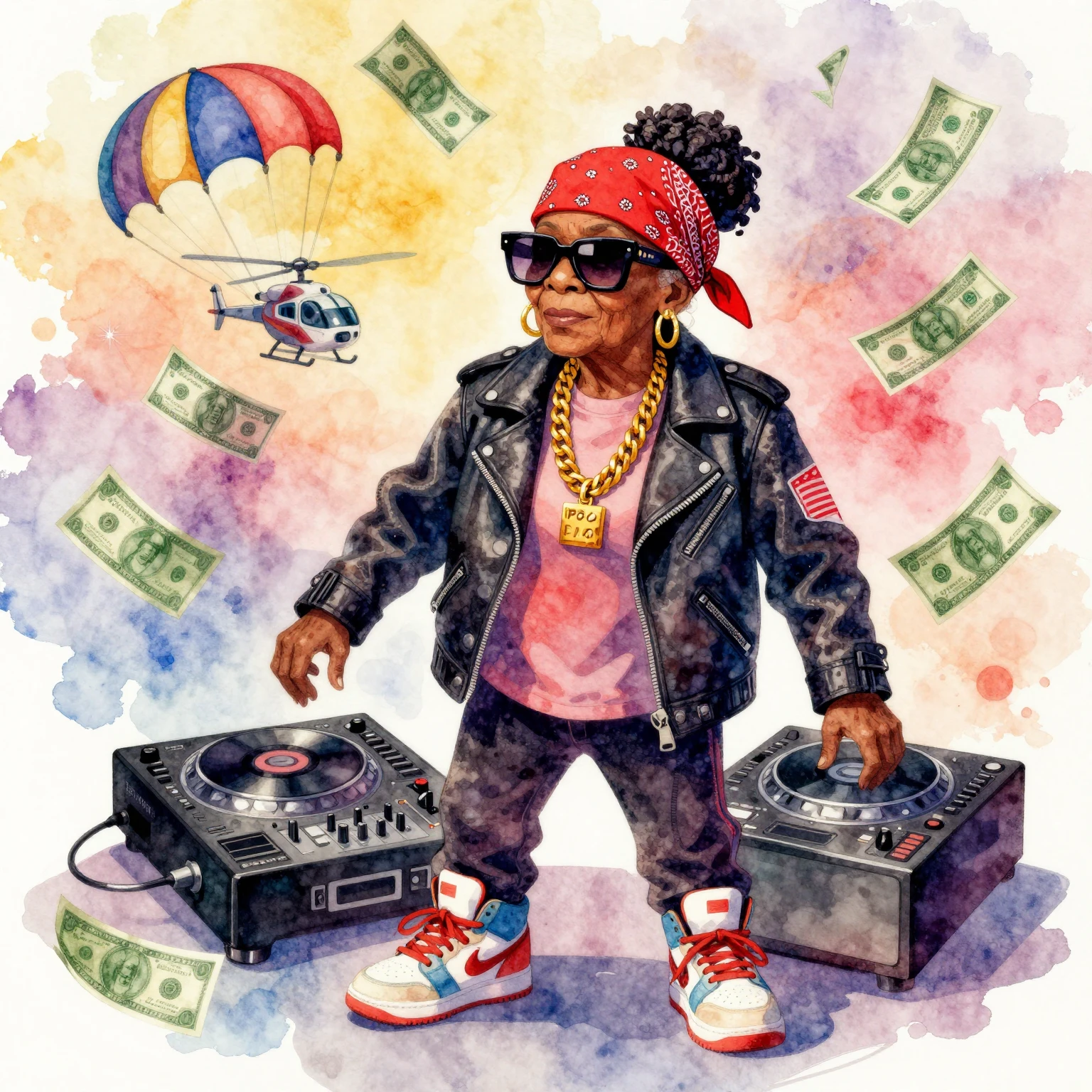 Vibrant watercolor style. Silhouette of a hip-hop grandma we...