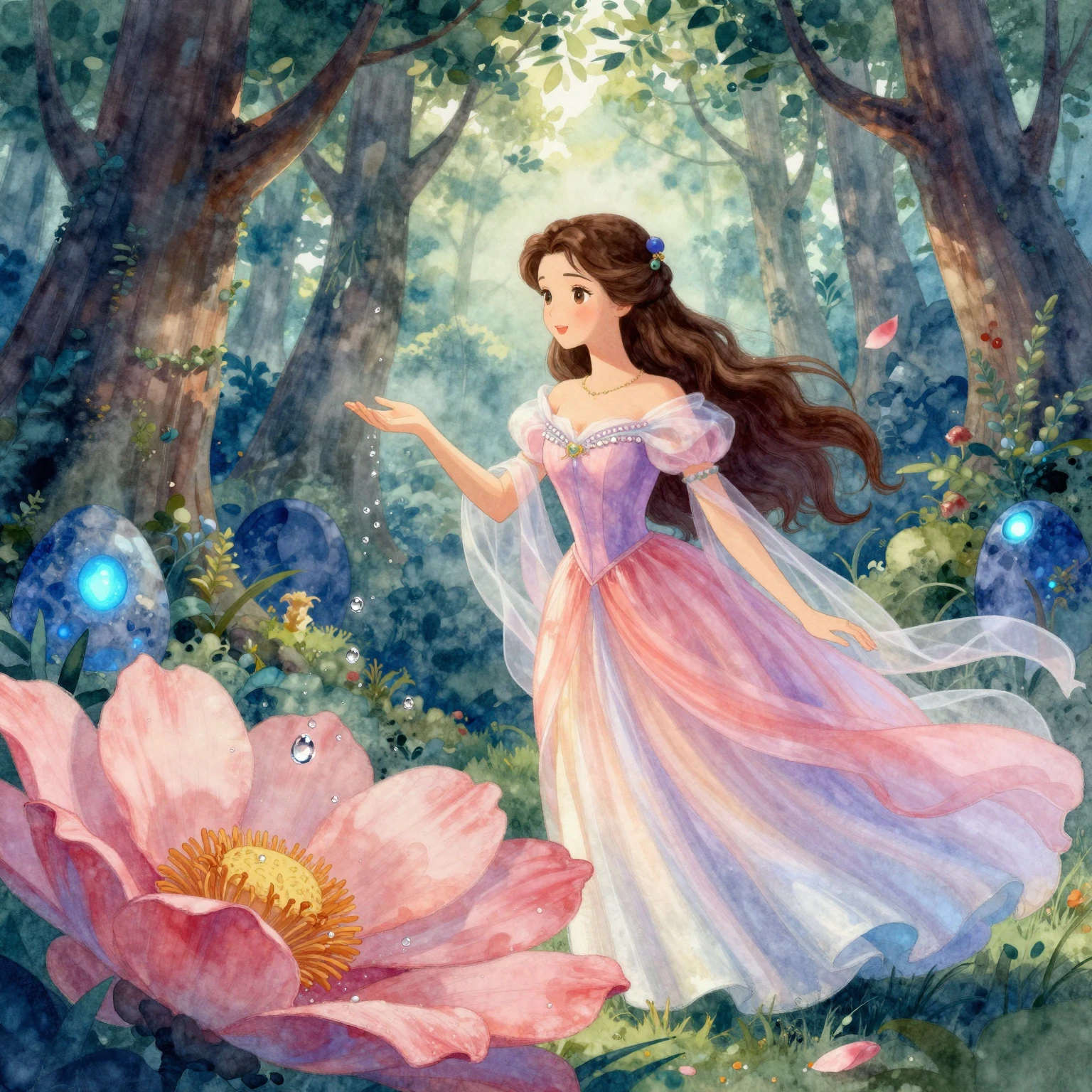 A beautiful princess in a magnificent, flowing dress, gently...