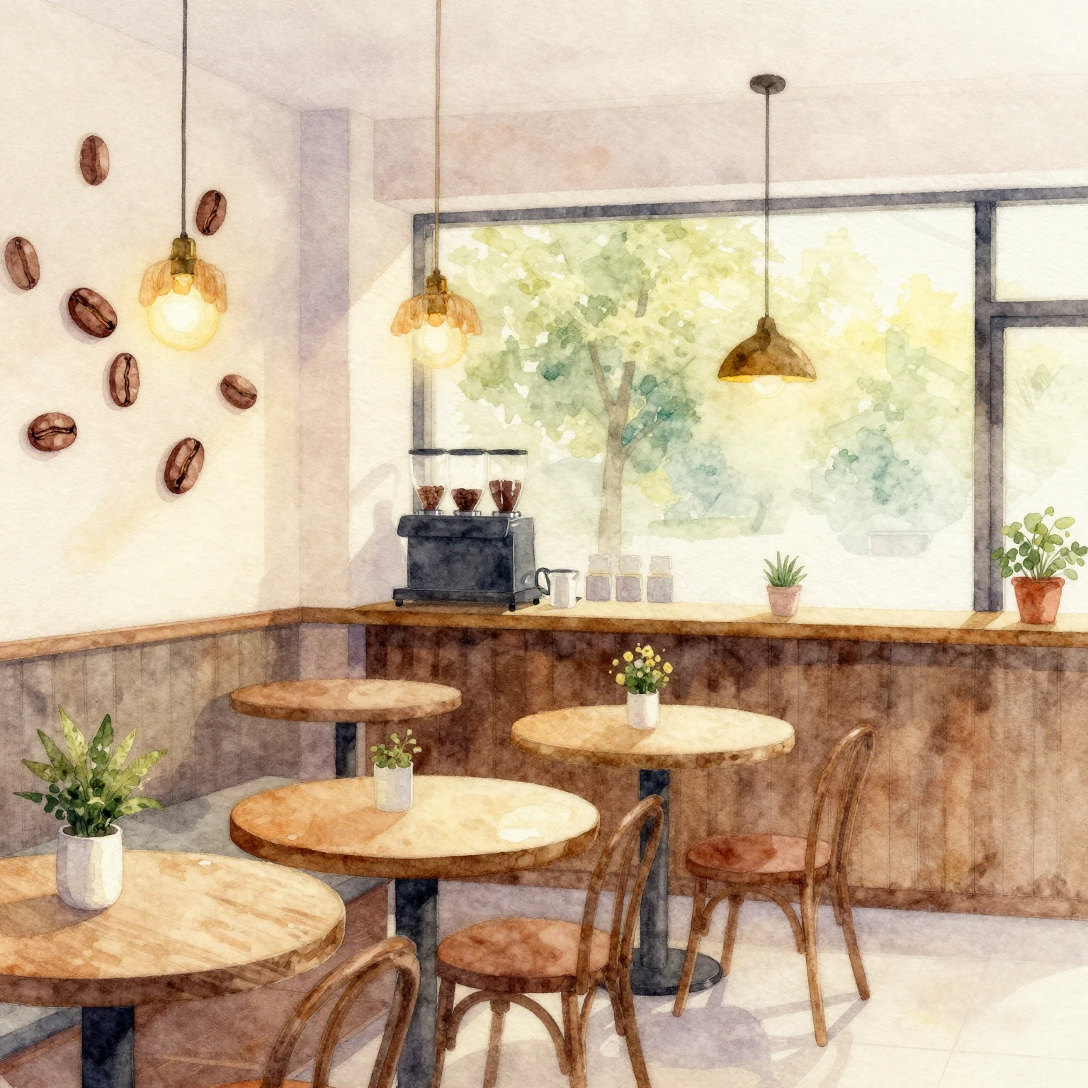 Vibrant watercolor painting of a cozy cafe interior with sub...