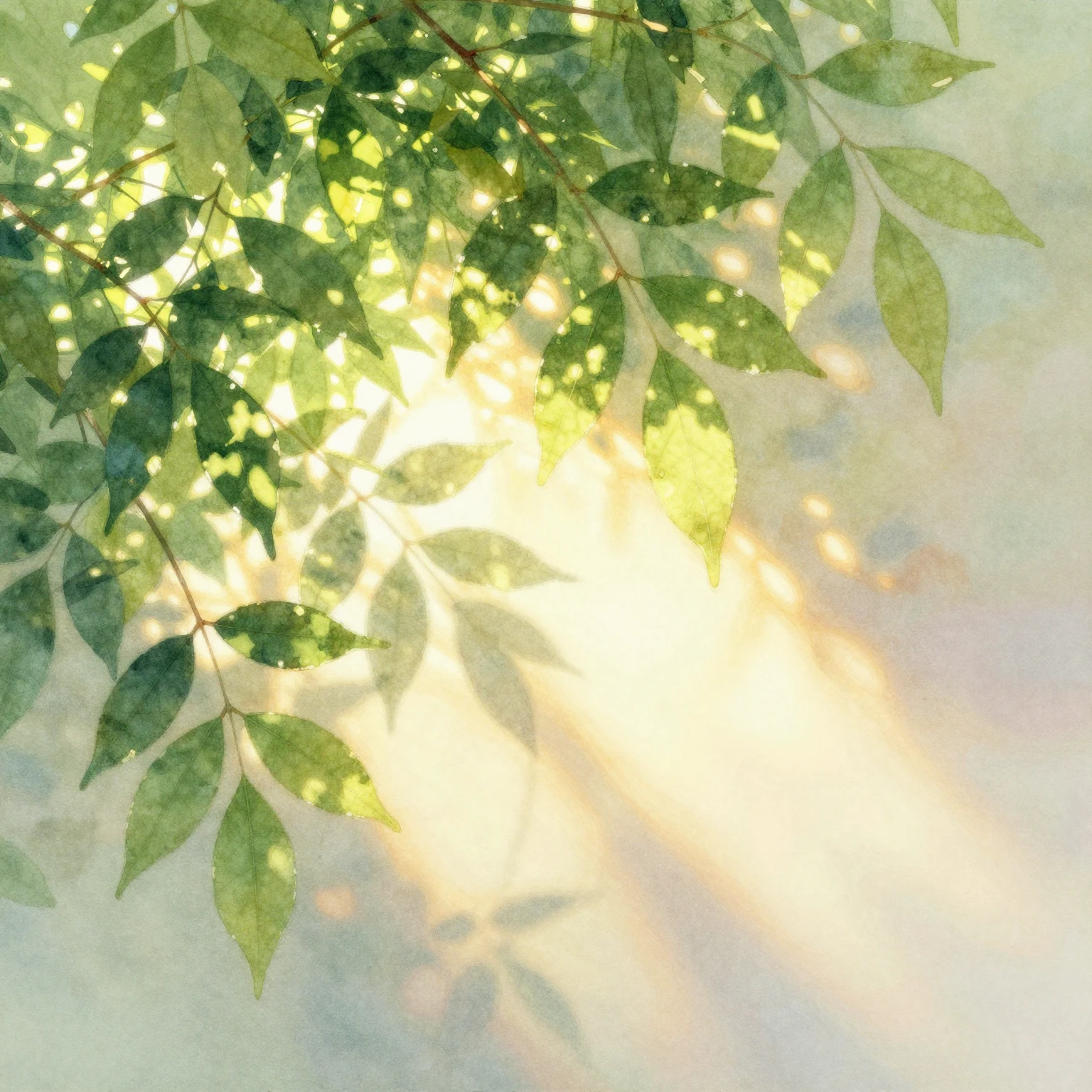Vibrant watercolor painting of soft, warm light filtering th...
