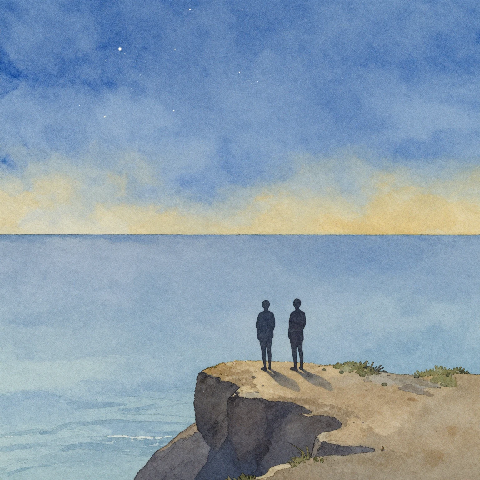 Watercolor style. A minimalist silhouette of two figures sta...