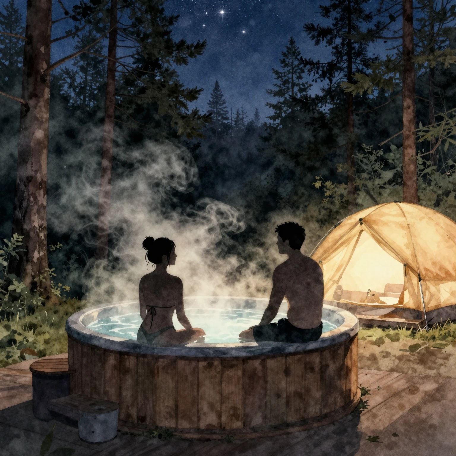 Watercolor style. Silhouettes of two couples sitting around ...