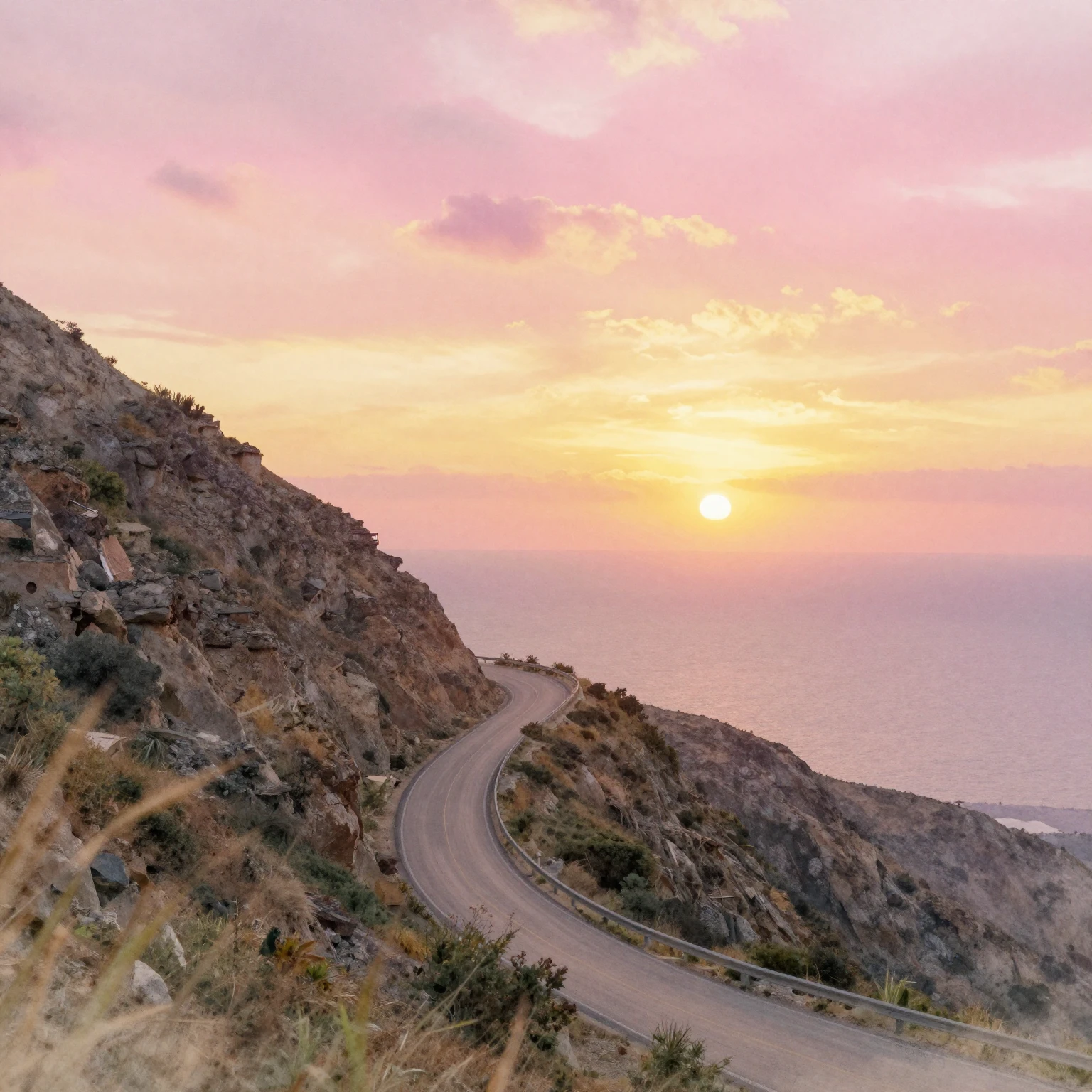 Pink and gold sky blending into the sea, surreal landscape w...