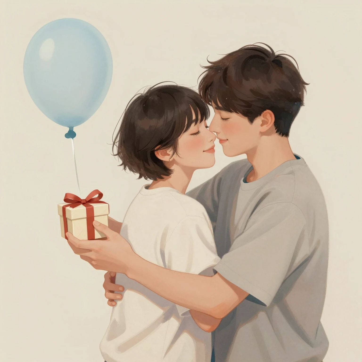 Two friends, one giving a small gift to the other, with a su...