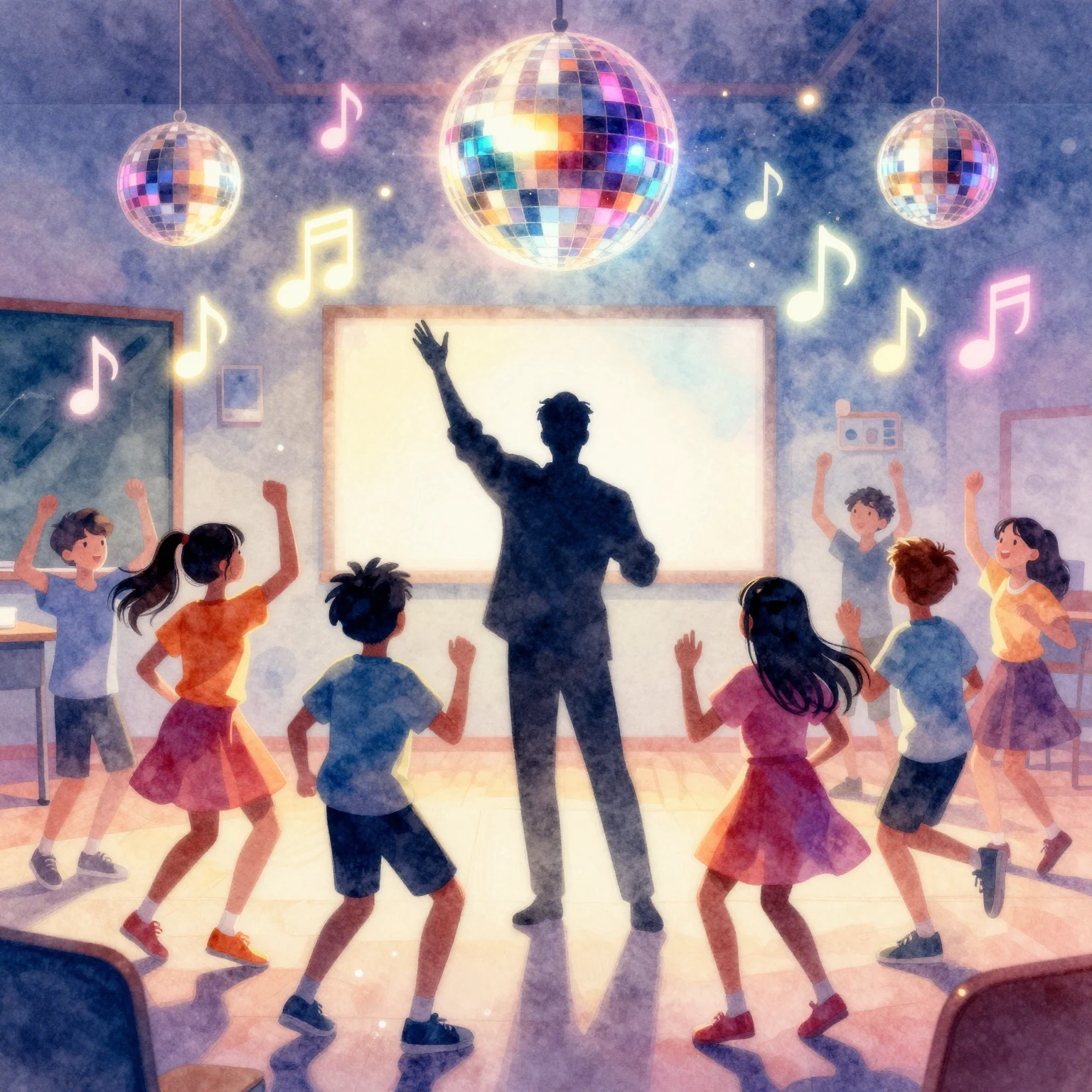 Watercolor style. A silhouette of a charismatic teacher and ...