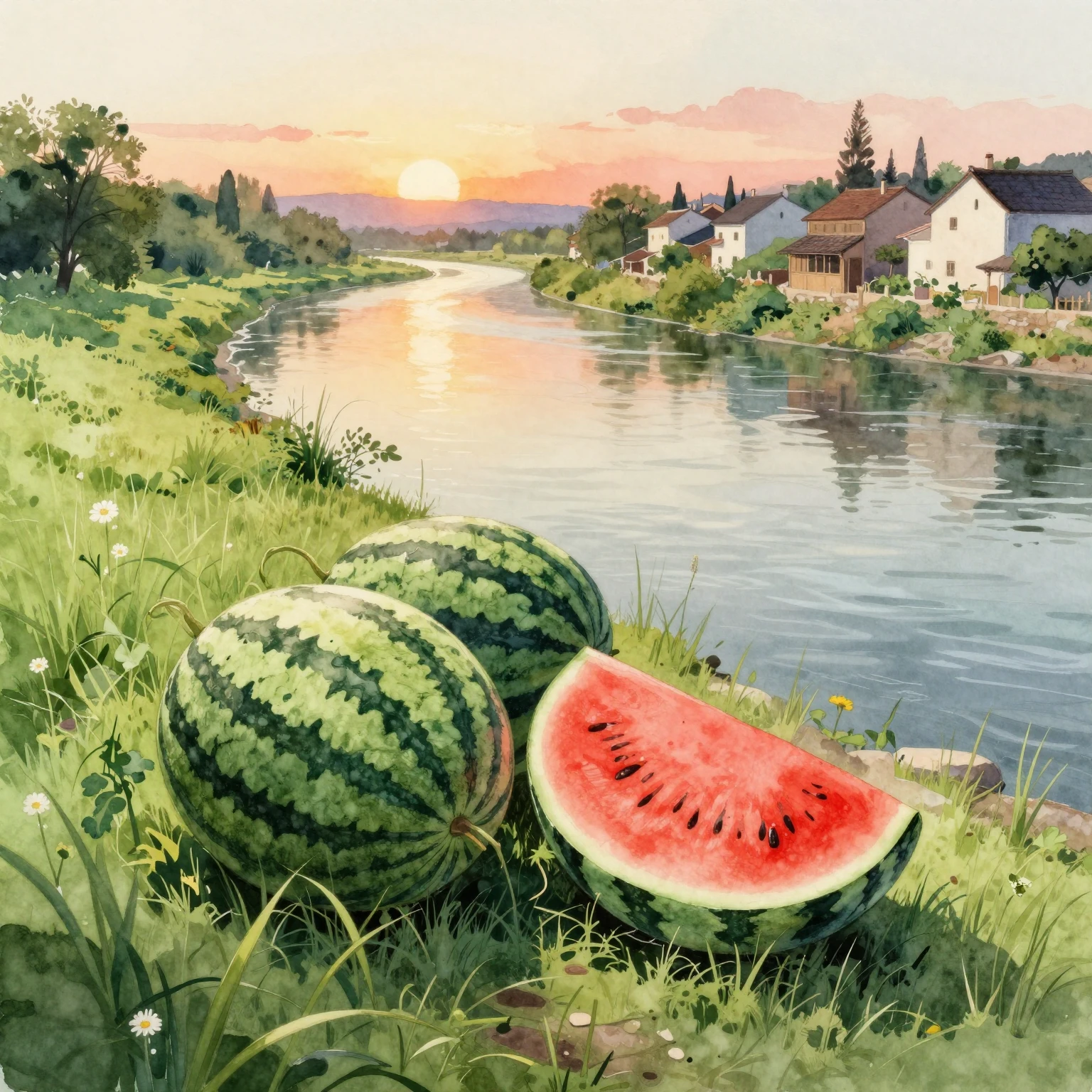 Watercolor painting of a wide, serene river flowing past a c...